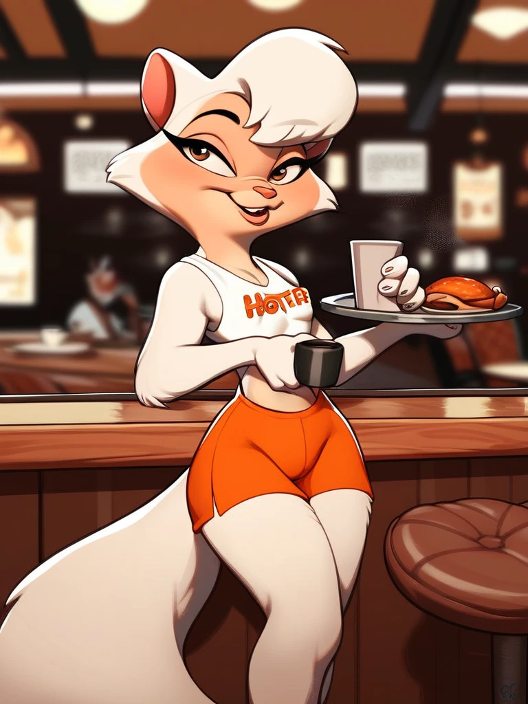 score_9, score_8_up, score_7_up, score_6_up, score_5_up, score_4_up, source_furry, 1girl, solo, sawyer_cdd, detailed fluffy fur, white body, white fur, fluffy tail, small breasts, hooters, white tanktop, orange shorts, restaurant, holding tray, coffee cup, coffee, table, chair, <lora:sawyer-v1:0.7>