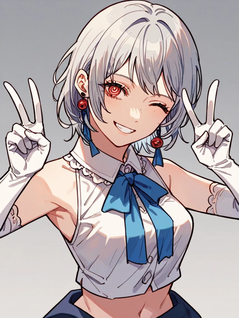 score_9, score_8_up, score_7_up, 
1girl, grey hair, red eyes, fami csm, ringed eyes, medium hair, looking at viewer, smile, wink, double v, long earrings,

standing, idol, elbow gloves, sleeveless, midriff, upper body, white elbow gloves, blue ribbon,