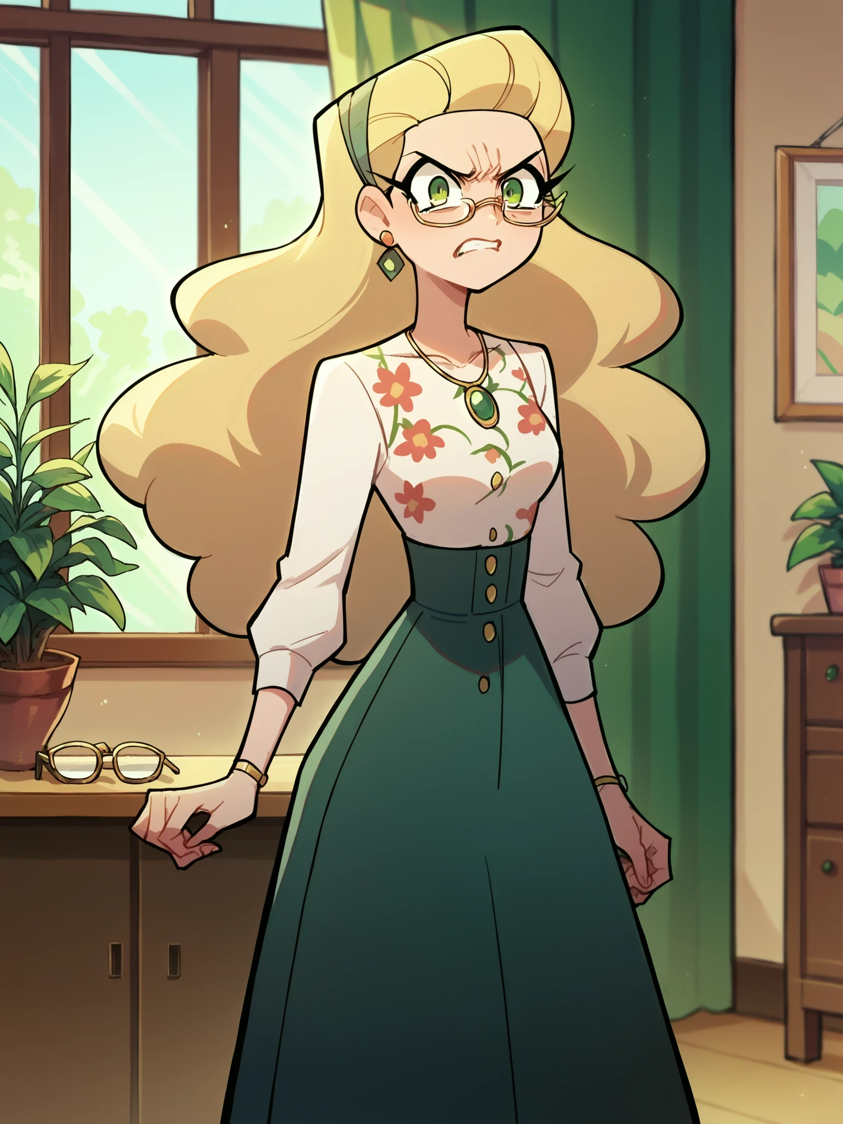 score_9, score_8_up, score_7_up, Masterpiece, source_anime, indoors, angry

solo, MayberryHuman, 1girl, blonde hair, green eyes, long hair, glasses, jewelry, earrings, white shirt, green skirt, long skirt, necklace, floral print