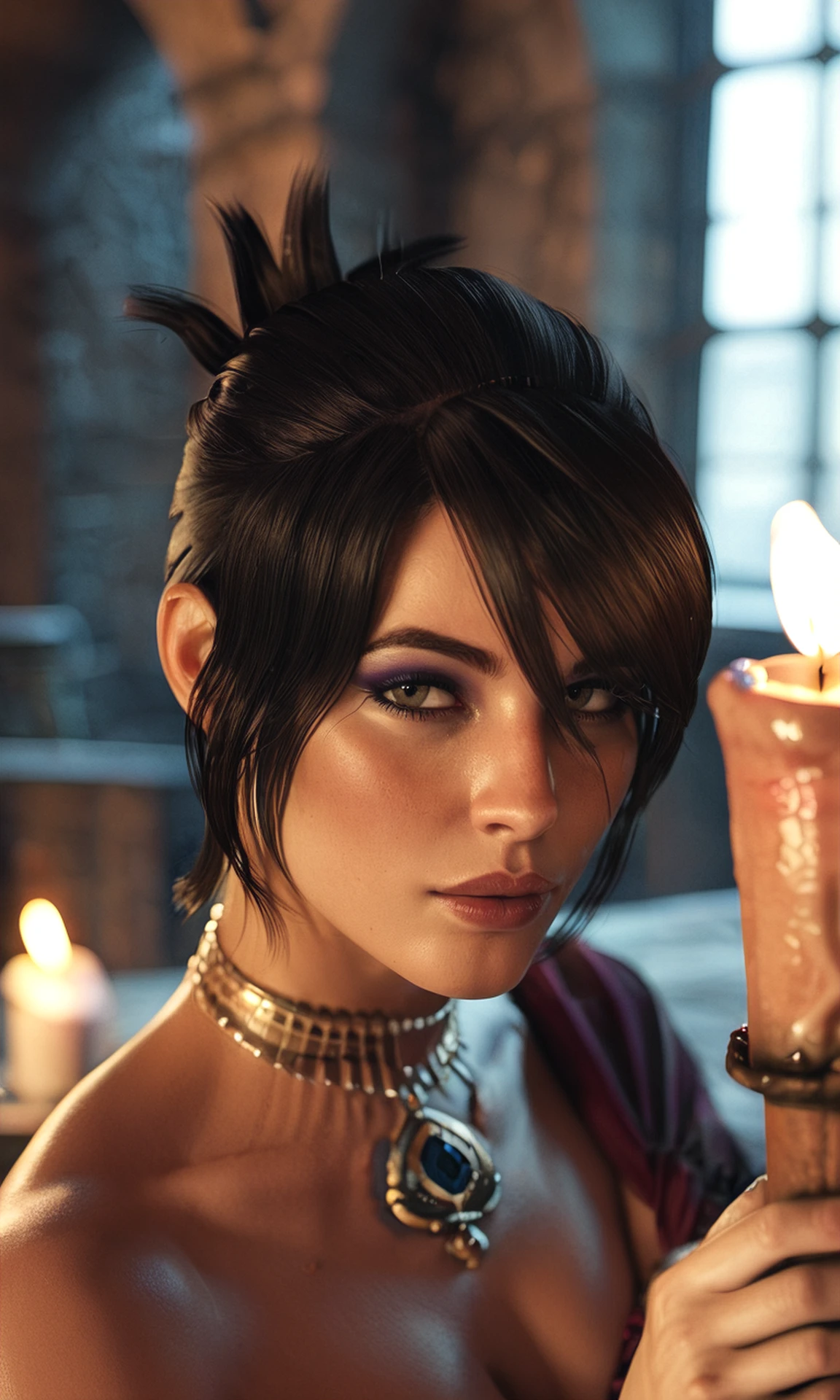 score_9, score_8_up, score_7_up, BREAK, zy_morrigan, 1girl, short hair, black hair, jewelry, makeup, portrait, realistic, photo, real hair, detailed skin, dark fantasy, dungeon, dark, candles, highly detailed, detailed skin, depth of field, film grain, <lora:zy_Morrigan_PonyRealism_v1:.75>
