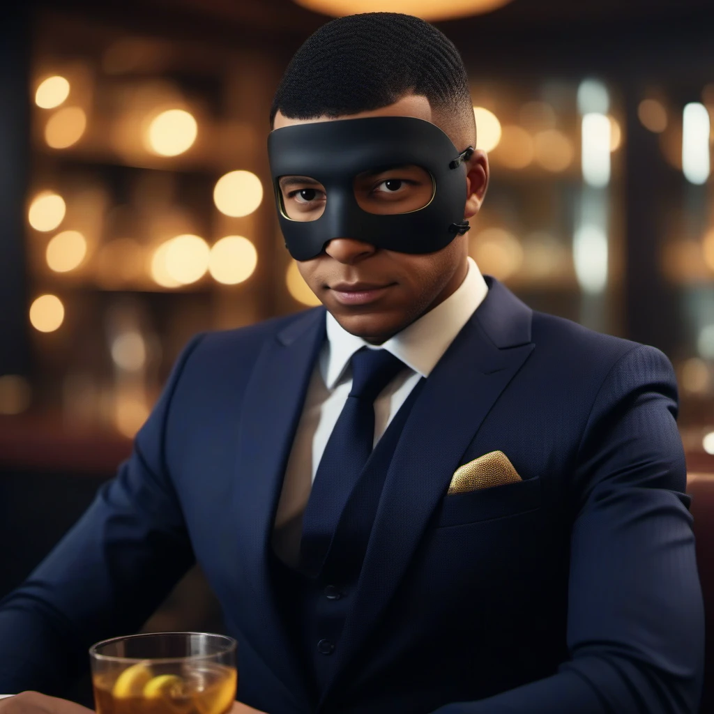 cinematic photo a man wears a black mask and a suit, having a cocktail in a luxurious bar  <lora:MaskedMbappe1024:0.8> . 35mm photograph, film, bokeh, professional, 4k, highly detailed