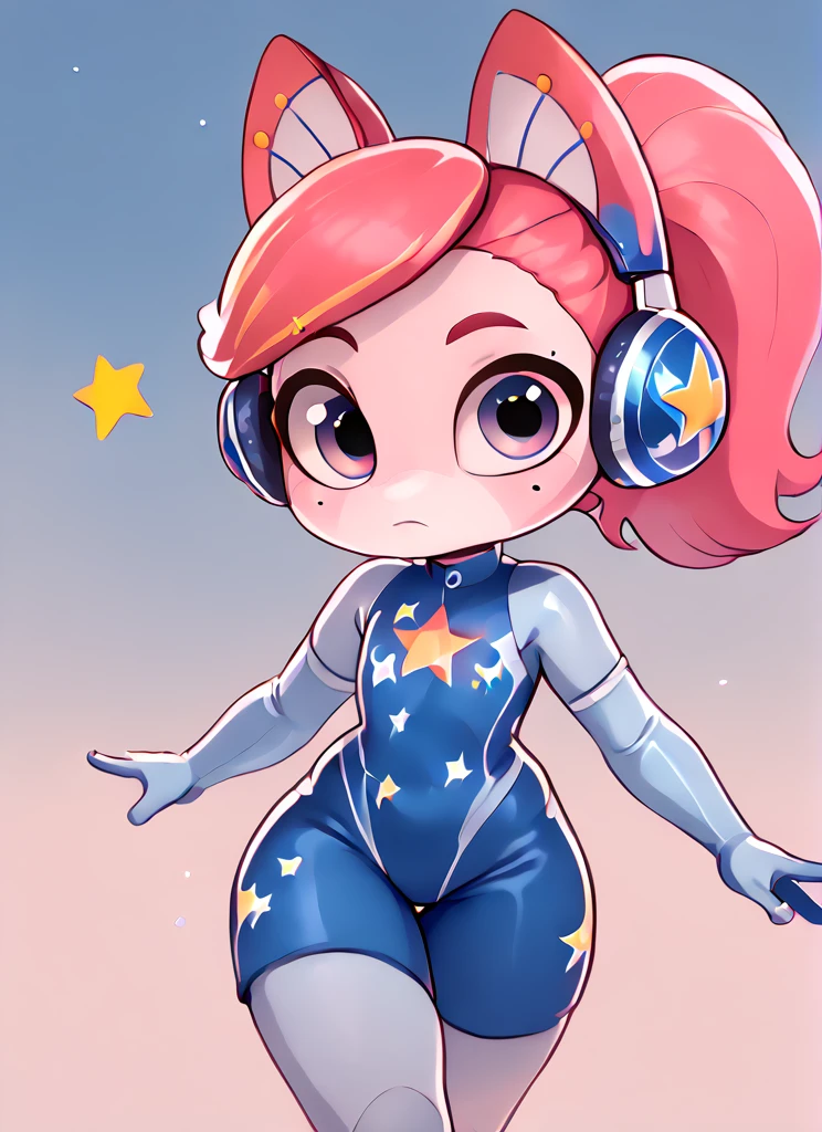 score_9, score_8_up, score_7_up,   <lora:aione:1>aione  ,1 girl ,white skin ,red animal ears , mole under eye,  pink hair, blue headphones, ponytail,   blue bodysuit,star print,  blue shorts  ,elbow gloves , looking at viewer,  <lora:Aer0Zer0_Artist_Style:1>aerozerorisk