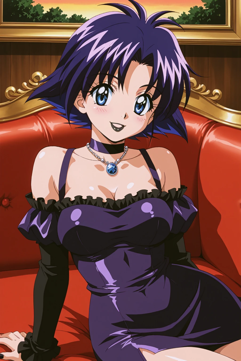 1girl, solo, short hair, blue eyes, jewelry, blue hair, purple hair, choker, cowboy shot, retro art style, 1990s \(style\), Araizumi Rui, goth, black lipstick, necklace, dyed hair, tight dress, hips, mesh, blush, looking at the viewer, smile, sofa, modeling, sitting on sofa, leaning back, tilting head, grinning, detailed eyes,