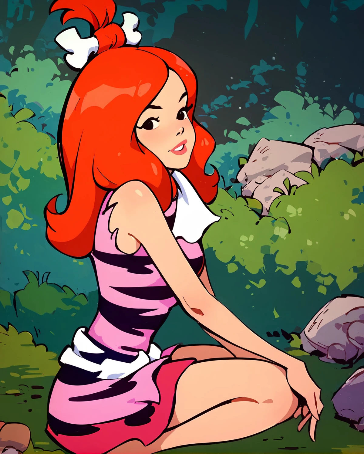 pebbles, 1girl, sexy, red hair, wearing stone age dress, squatting in sexy pose, at forest <lora:fallen_ai_PONY_adult_pebbles:1>, zPDXL, score_8_up, score_7_up, score_6_up, score_9, illustration