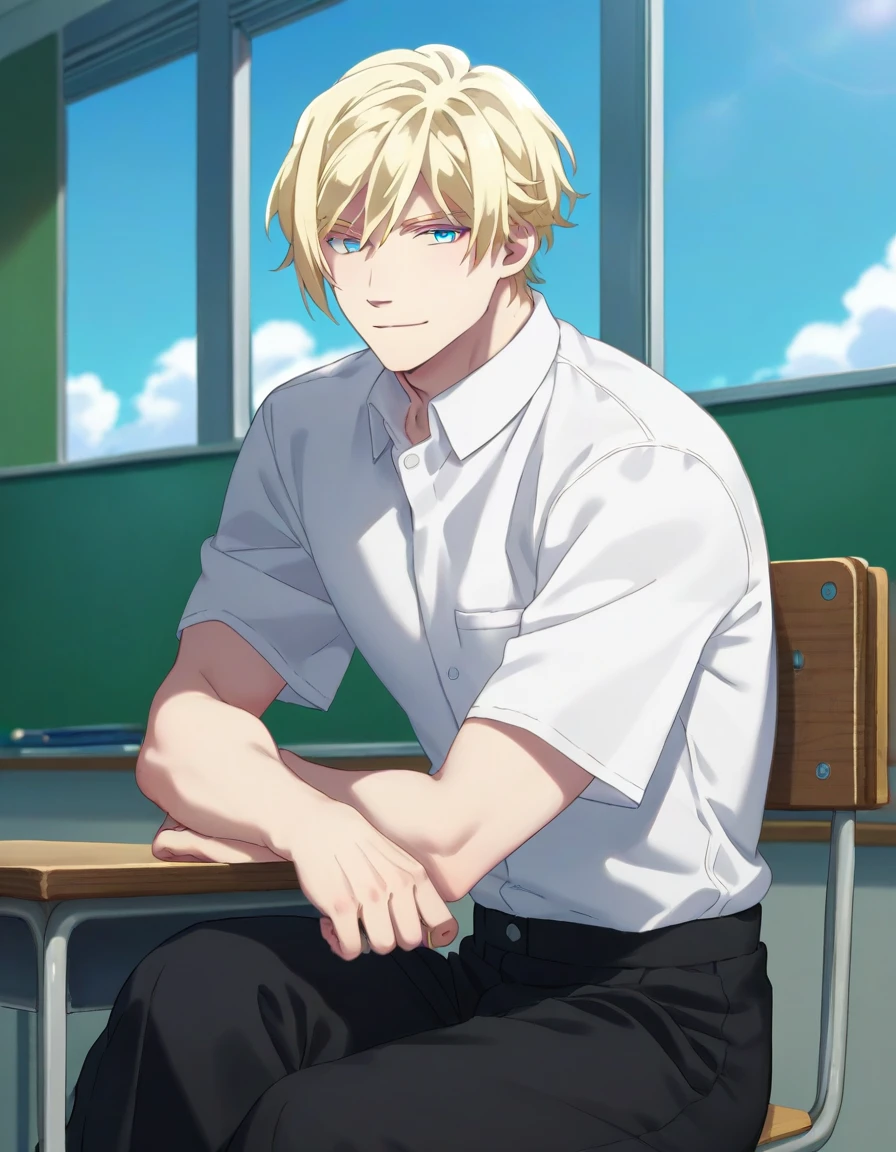 score_9, score_8_up, score_7_up, score_6_up, score_5_up, score_4_up, 2d_anime, rating_questionable, classroom, school, window,
1boy, solo, solo focus, mature male, blonde hair, blue eyes, white short sleeves shirt, black pants, sho akitsuki <lora:Sho_Akitsuki_Pony_Rev6:0.8>, light smile, looking at viewer, sitting, school chair,