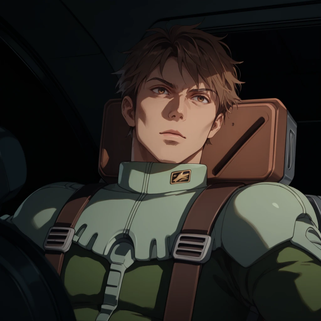 score_9, score_8_up, score_8, solo, adult, <lora:Zeon_Pilot_Mobile_Suit_Gundam_Pony_SDXL:1>, zeon pilot, green flight suit, 1 man, cockpit view, brown hair