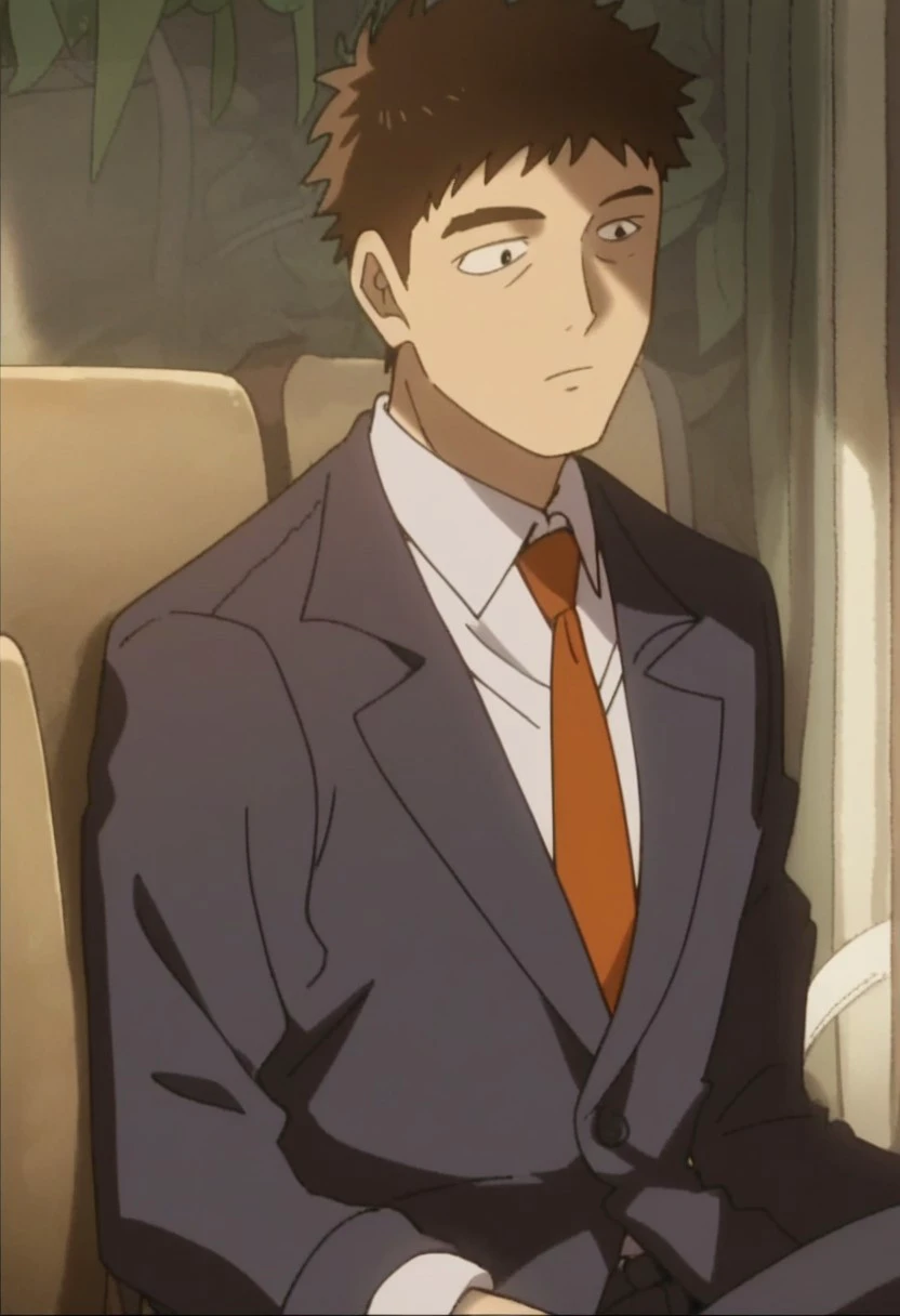score_9, score_8_up, score_7_up, source_anime, rating_safe, Serimob, 1boy, male focus, anime screencap, blue suit, orange necktie, collared white shirt blue pants, sitting,