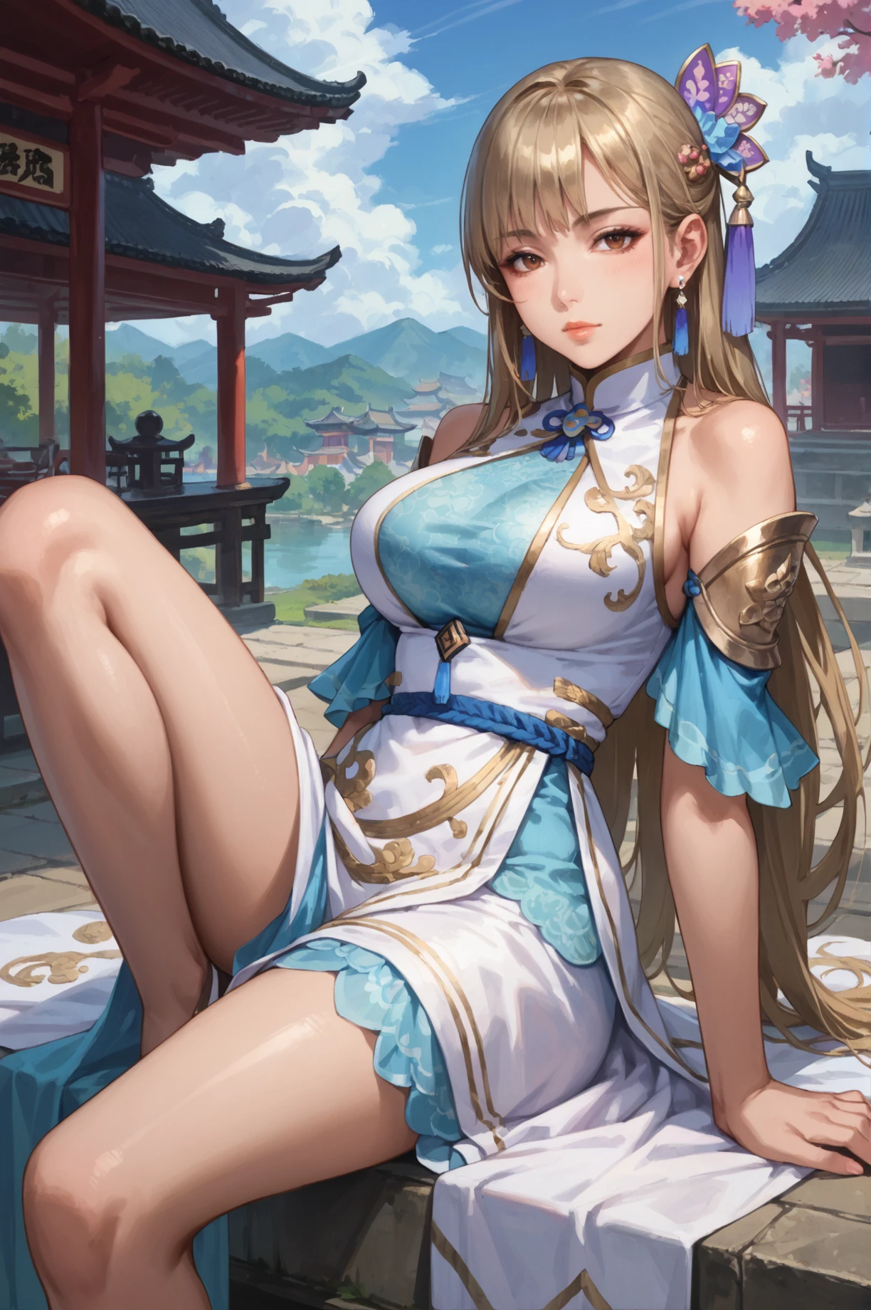 score_9, score_8_up, score_7_up, source_anime, highly detailed, A woman sitting on a bed with one leg crossed over the other, leaning back on her hands., <lora:Wang_Yuanji_Dynasty_Warriors:0.8> solo, 1girl, blonde hair, long hair, big breast, dress, hair ornament, earrings, brown eyes, east asian architecture, looking at viewer