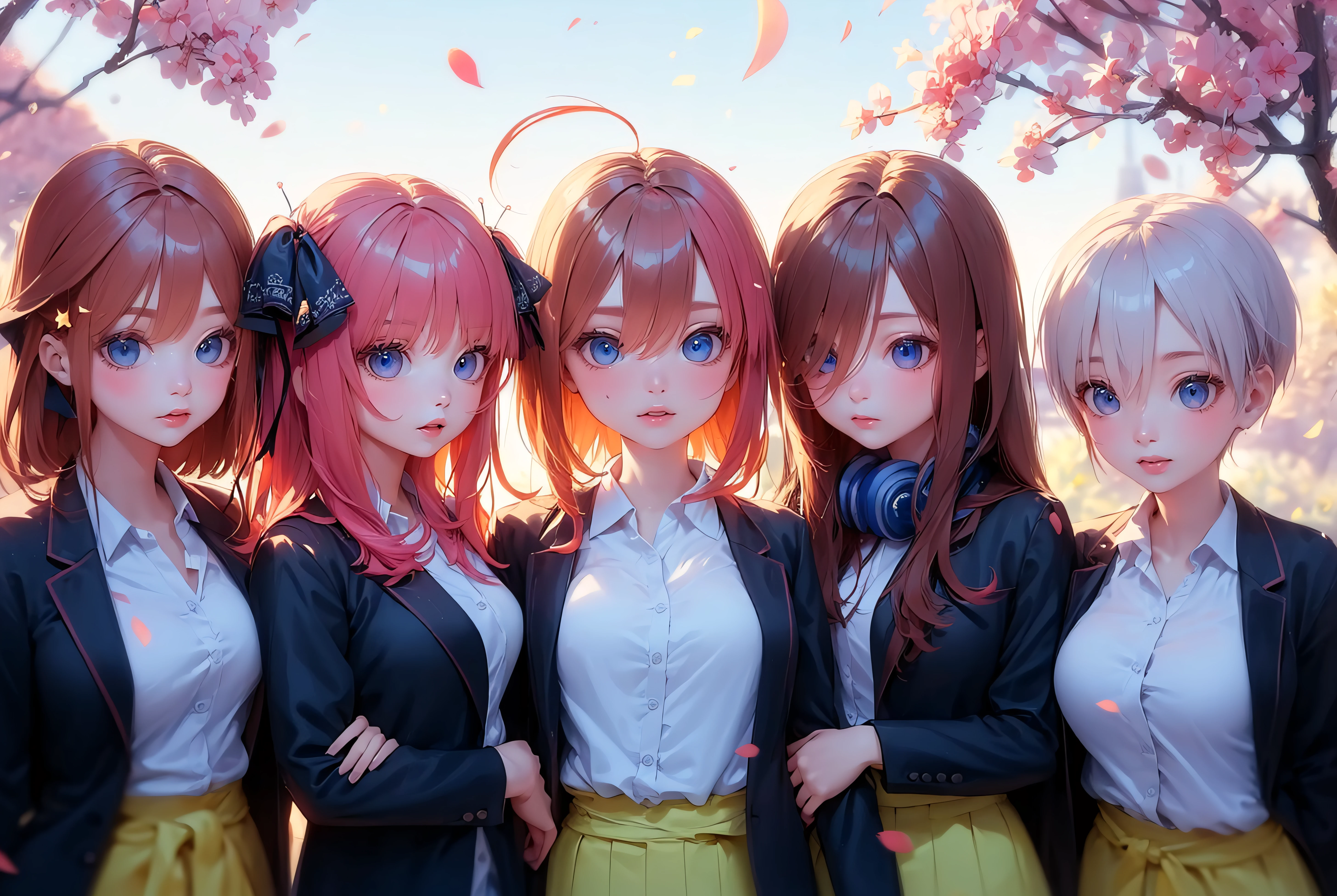 masterpiece,highres,(extremly detailed CG),4k , 8k,HD,ultra detailed,vivid colors, sharp focus,ray tracing, HDR ,perfect lighting,best quality, depth of field,3d, 
 

(upper body)
quindef,
nakano nino, nakano miku, nakano yotsuba, nakano itsuki, nakano ichika  multiple girls, siblings,5girls, sisters,
long hair,  short hair,  brown hair pink hair,red hair,orange hair,two side up,blunt bangs, blue eyes,
 hair ornament,ribbon,  bow,  hair ribbon,  star (symbol), bowtie,  black ribbon, headphones, green bow, star hair ornament,green ribbon,butterfly hair ornament,headphones around neck,
 skirt, shirt, long sleeves, hair between eyes,  school uniform, jacket,  white shirt, ahoge, short sleeves, pantyhose,   pleated skirt, open clothes, collared shirt,   sweater,  black jacket, black pantyhose,  cardigan,  green skirt, sweater vest,   clothes around waist,  red sweater, black cardigan, blue cardigan, yellow cardigan, cardigan around waist, 


 flowers plants, floating petals cherry blossoms 