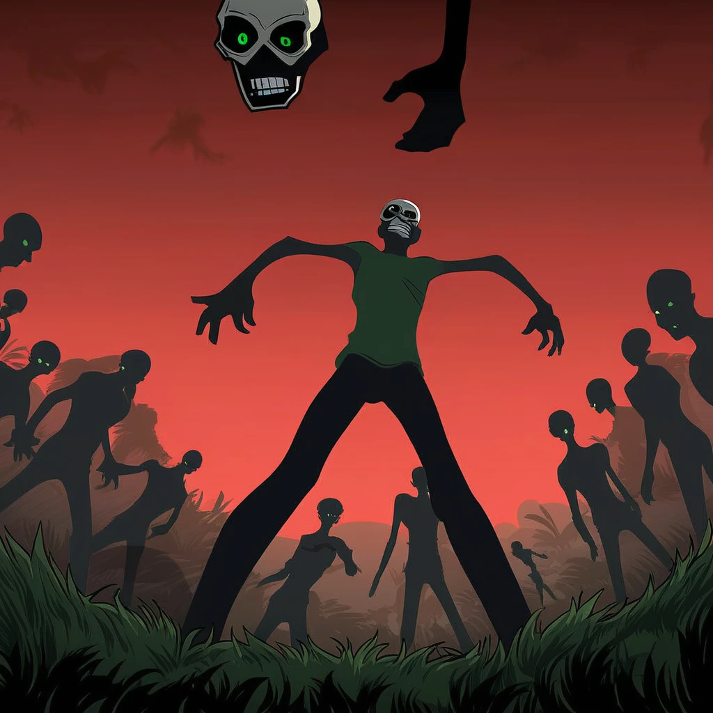 skull mask, green eyes, from below, from behind, male focus, multiple boys, skinny, grey skin, death, green shirt, night sky, reaching, battle, silhouette, shadow, on grass, desk, bandaged head, red background, clenched teeth, lamppost, cloudy sky, dark-skinned male, 4boys, jungle, sunlight