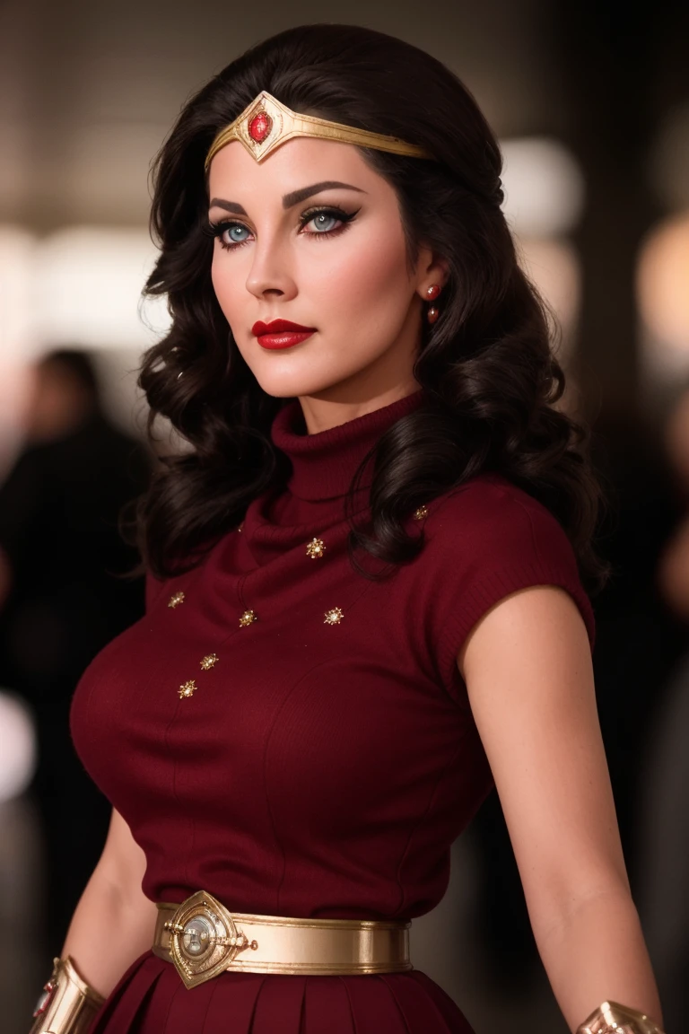 <lora:lyndacarter-03:0.5>, lyndacarter,, ((tiara, bracers)), ((detailed skin, detailed face):1.2), ((detailed eyes, beautiful eyes):1.2), ((red lipstick, eyeliner, eye shadow, blush)), , photo of a woman, ,beautiful picture, fully clothed, turtleneck sweater, skirt, thighhighs, outside, carnival, festival, sunset, detailed, epic, closeup