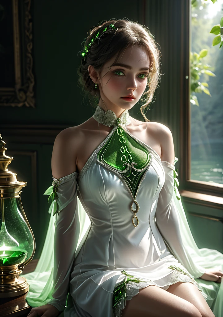 dramatic light,fluorescent river,mooon <lora:Nahida-real:0.8>,Nahida,sit,green jewelry ,green eyes,white and green dress,short dress,small,upper body,detailed face, detailed eyes, detailed lips, beautiful woman, hourglass figure, natural lighting, high quality, hyperrealistic, 8k, cinematic, dramatic lighting, chiaroscuro, neoclassical, oil painting,