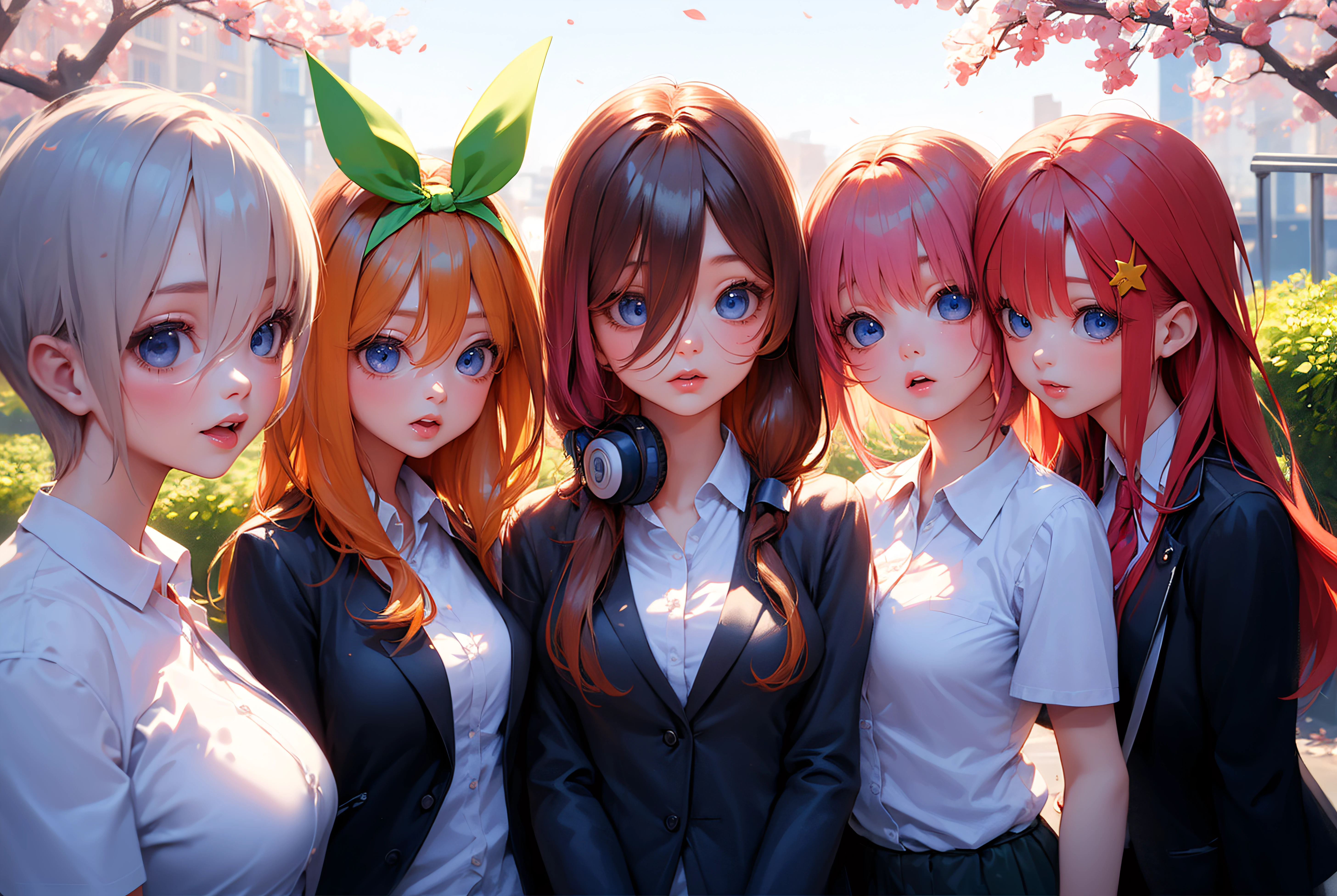 masterpiece,highres,(extremly detailed CG),4k , 8k,HD,ultra detailed,vivid colors, sharp focus,ray tracing, HDR ,perfect lighting,best quality, depth of field,3d, 
 

(upper body)
quindef,
nakano nino, nakano miku, nakano yotsuba, nakano itsuki, nakano ichika  multiple girls, siblings,5girls, sisters,
long hair,  short hair,  brown hair pink hair,red hair,orange hair,two side up,blunt bangs, blue eyes,
 hair ornament,ribbon,  bow,  hair ribbon,  star (symbol), bowtie,  black ribbon, headphones, green bow, star hair ornament,green ribbon,butterfly hair ornament,headphones around neck,
 skirt, shirt, long sleeves, hair between eyes,  school uniform, jacket,  white shirt, ahoge, short sleeves, pantyhose,   pleated skirt, open clothes, collared shirt,   sweater,  black jacket, black pantyhose,  cardigan,  green skirt, sweater vest,   clothes around waist,  red sweater, black cardigan, blue cardigan, yellow cardigan, cardigan around waist, 


 flowers plants, floating petals cherry blossoms 