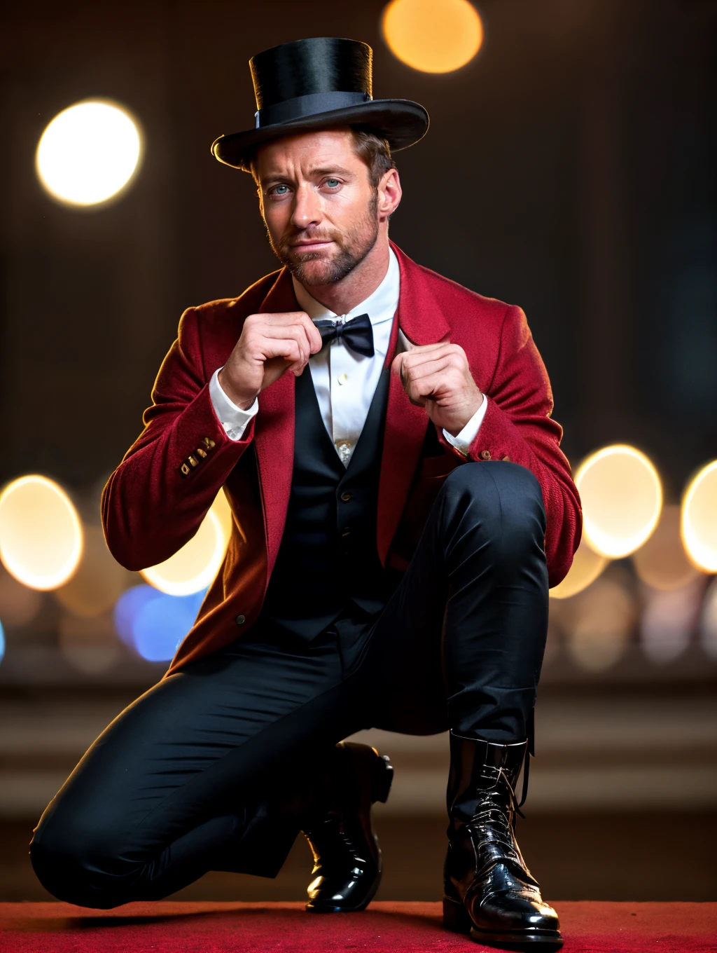 8k HD RAW High resolution photo of  hughj <lora:hughj-v1:0.7>,  beard, top hat, red jacket, white shirt