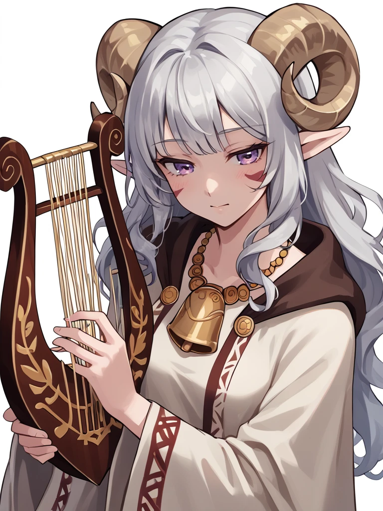 <lora:lyre_r1:0.8> lyre, greek_lyre, holding_instrument,   looking at viwer,from above  , 
<lora:whisker_markings:0.8>red whisker_markings 
, source_furry, score_7_up, rating_safe, cowboy shot, gold necklace, tiefing, short pointed ears, brown horns, (a pair of brown sheep Horns that begin at her temples and curve back: 1.5), bangs, long silver hair long wavy hair, pale skin, ,short pointy ears, purple eyes, <lora:age_slider_v4:0.6>   medium breasts, skinny female, close up, silver hair, <lora:Tieflingnew weird fantasyDND:0.3> Tiefling, pointed ears, horns, half-closed eyes<lora:Smooth Style 2 SDXL_LoRA_Pony Diffusion V6 XL:0.5> bell, robe, hood off,