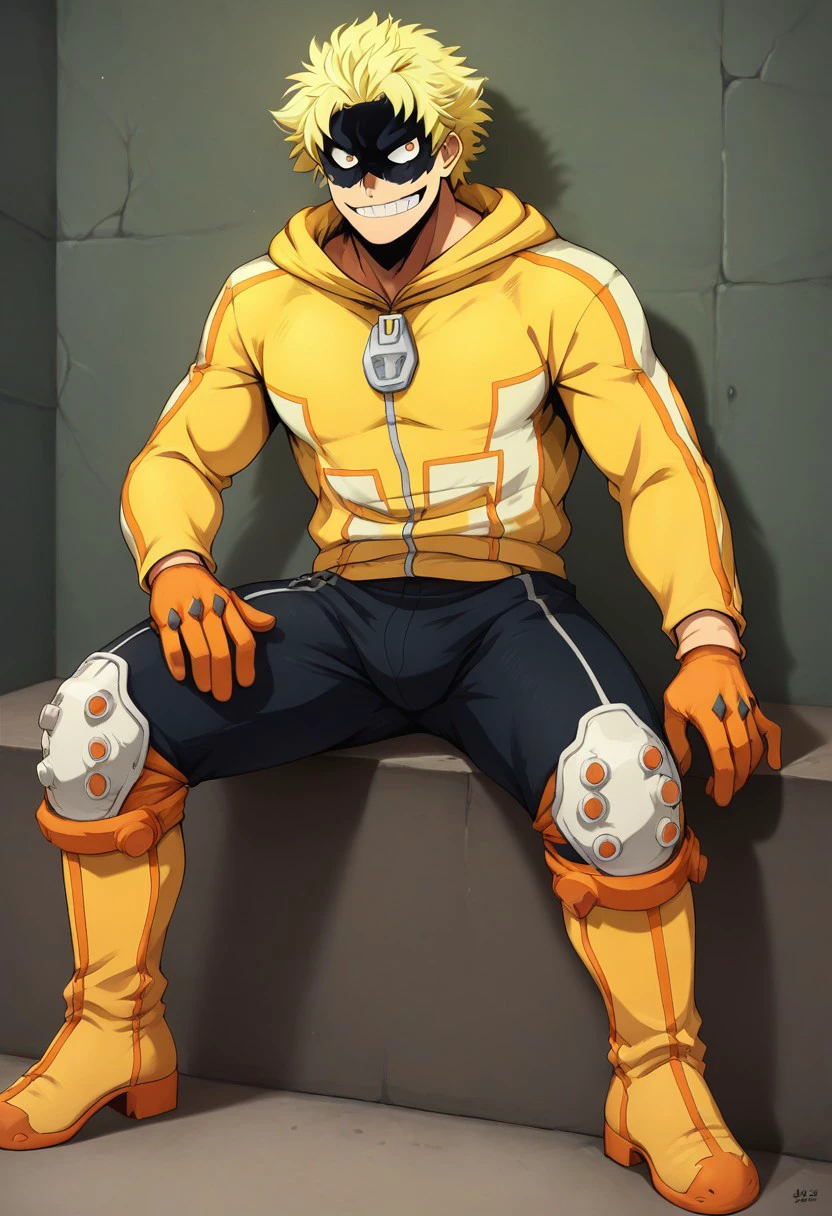 , score_9, score_8_up, score_7_up, masterpiece, , line art, anime,, detailed, <lora:Expressive_H:0.45> Expressiveh, ,  Taishiro_Toyomitsu, male, blond hair, mask, yellow jacket, track pants, knee pads, boots, gloves, smiling,