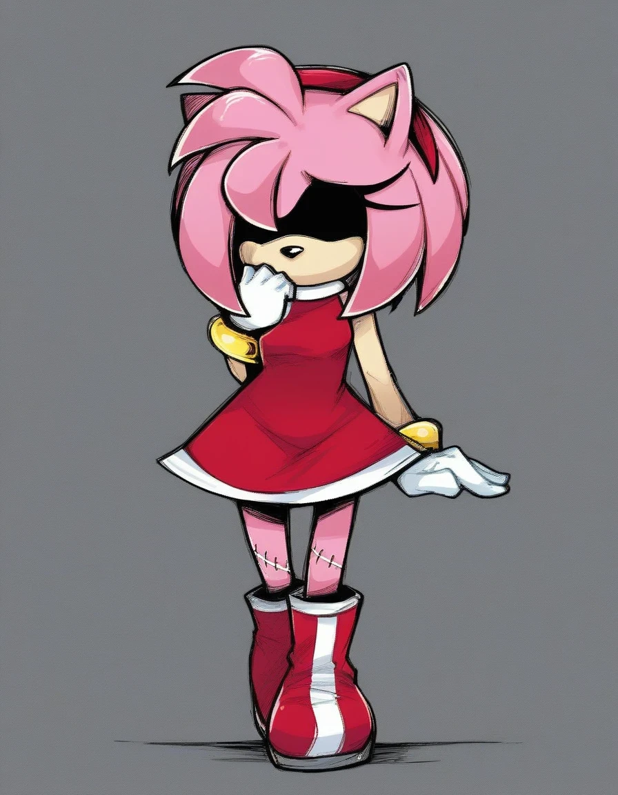 amy_alt, 1girl, solo, short hair, simple background, gloves, dress, animal ears, bare shoulders, closed mouth, standing, full body, pink hair, sidelocks, hairband, small breasts, sleeveless, shiny, white gloves, hand up, bracelet, sketch, sleeveless dress, short dress, red dress, black background, shaded face, furry, arm at side, furry female, red hairband, hair over eyes, body fur, straight-on, animal nose, two-tone fur, pink fur, no mouth, amy_rose,sleft side stitches, stichdd arms, stiched legs,