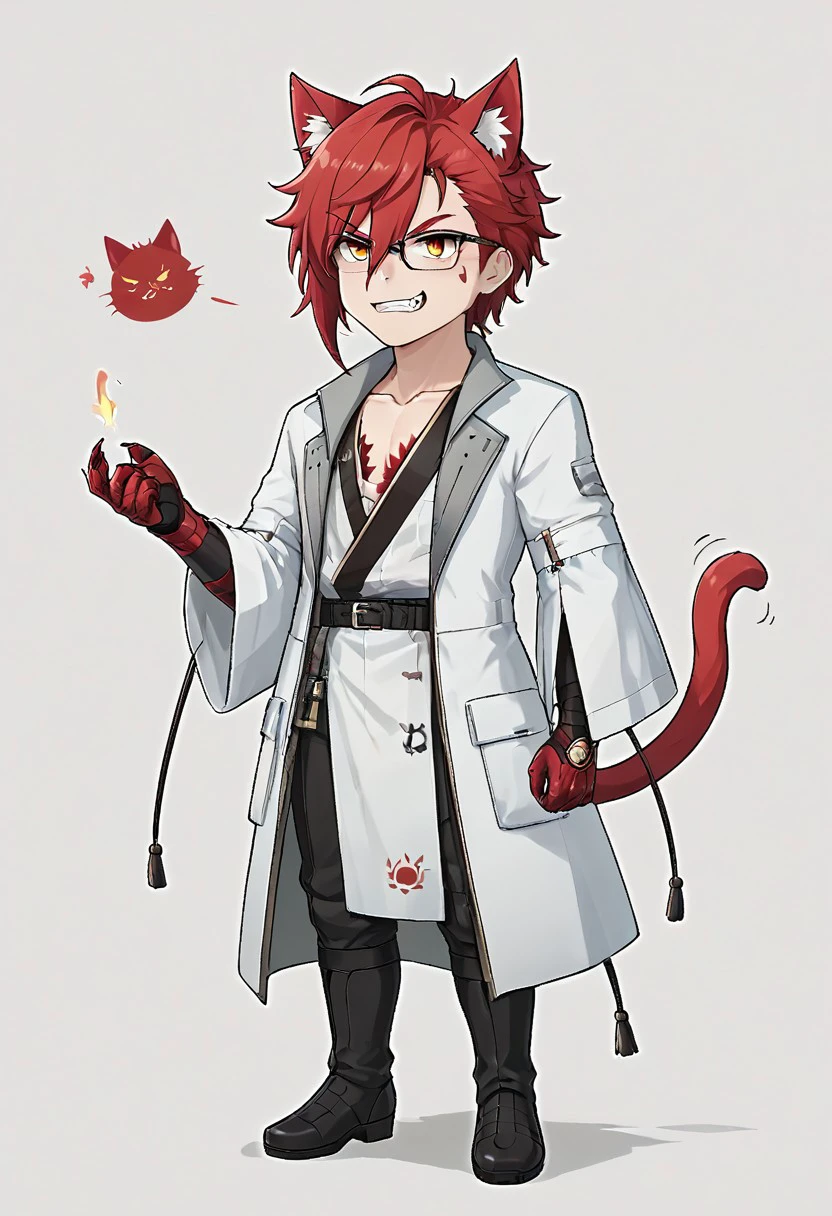 mortefi, red hair, eyeglasses, white robe,
1boy, solo, catboy, cat ears, teeth, fluffy cat, irritated, evil, chibi, full body