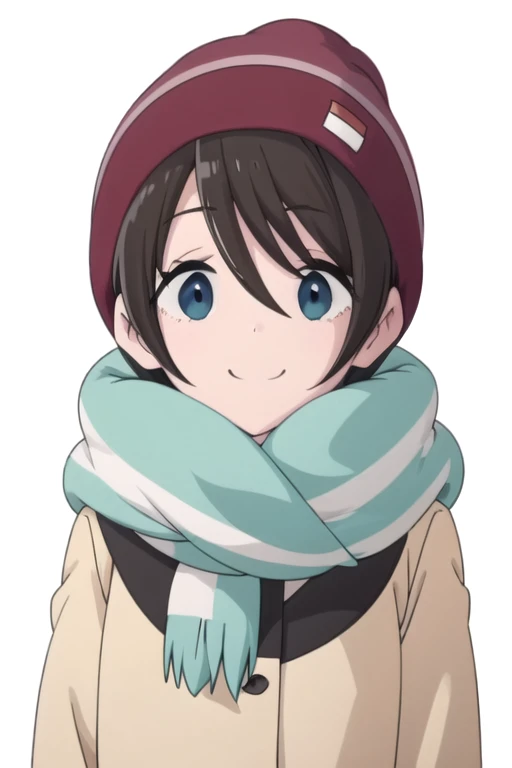 solo, 1girl, looking at viewer, 2D, anime, official style, anime coloring, anime screencap, upper body, (simple background, solid white background:1.3), <lora:ena-yurucamp:0.8>, ena saiutou, scarf, beanie, smile