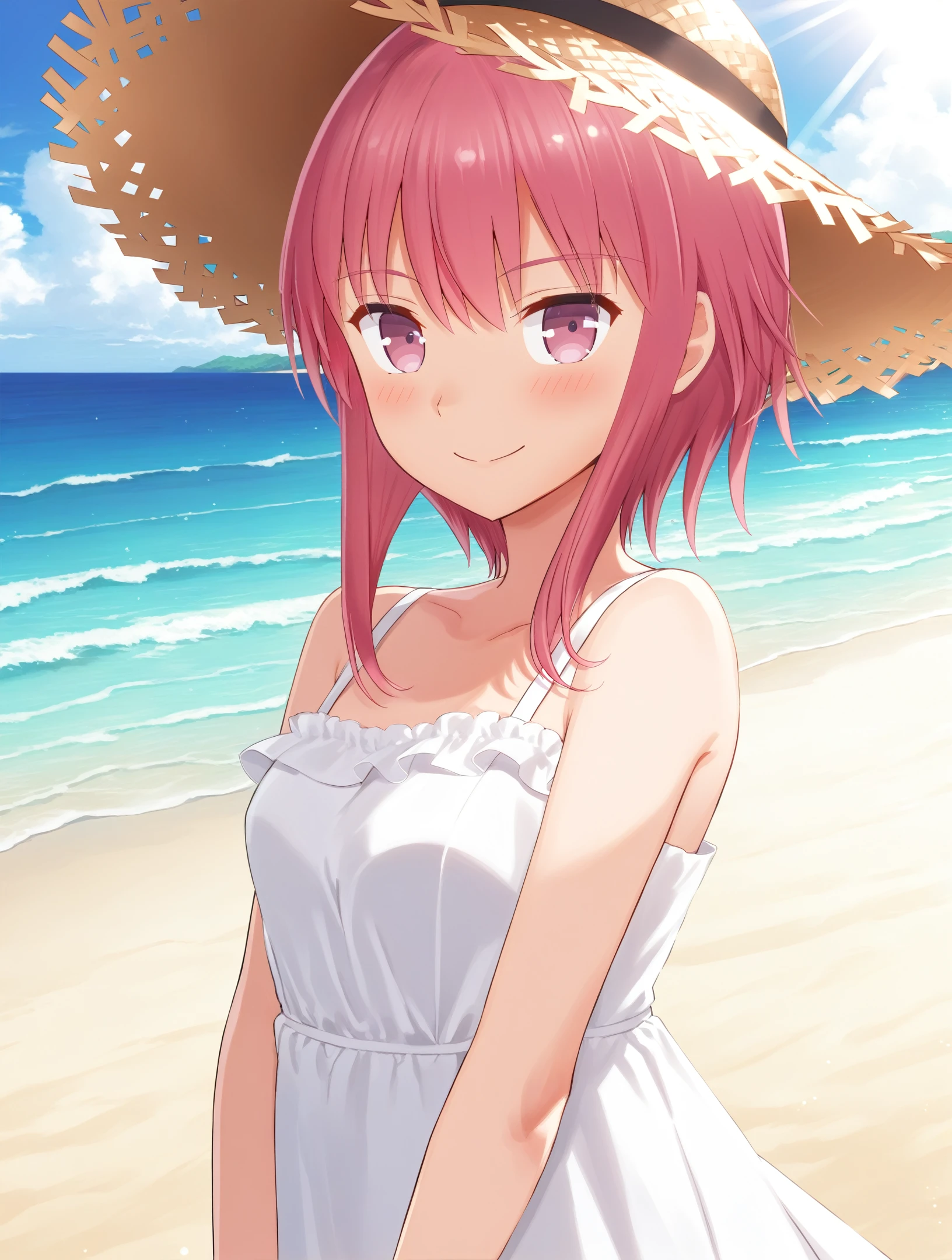 masterpiece, best quality,
1girl,solo,
 happy,closed mouth, 
 <lora:hinori-Kakuriyo.sfw.sdxl.v2:0.7> hinorikakuriyo, pink hair, pink eyes,
white dress,
beach, light smile, happy, closed mouth,  light rays, beach, ocean, blue sky,
straw hat,