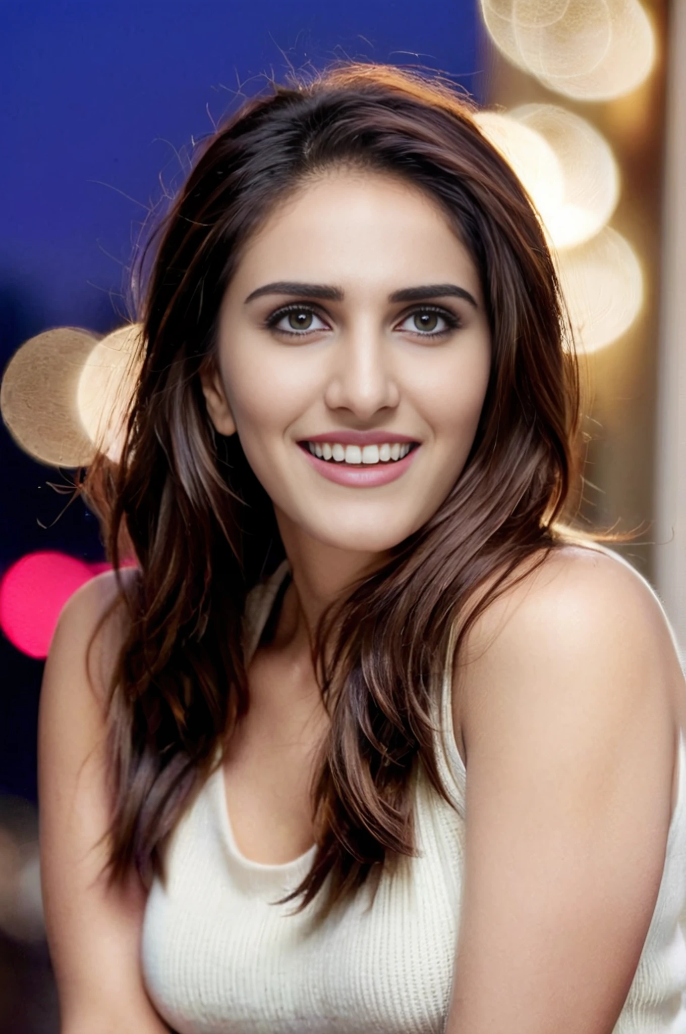 portrait photo of vaani kapoor woman, solo,  hair cut, laughing, looking at the camera,  Ivory sleeveless turtleneck, night time, contrasting background bokeh,  <lora:Vaani_Kapoor_SDXL_LoRA_prodigy_local_xformers_HNE:1>