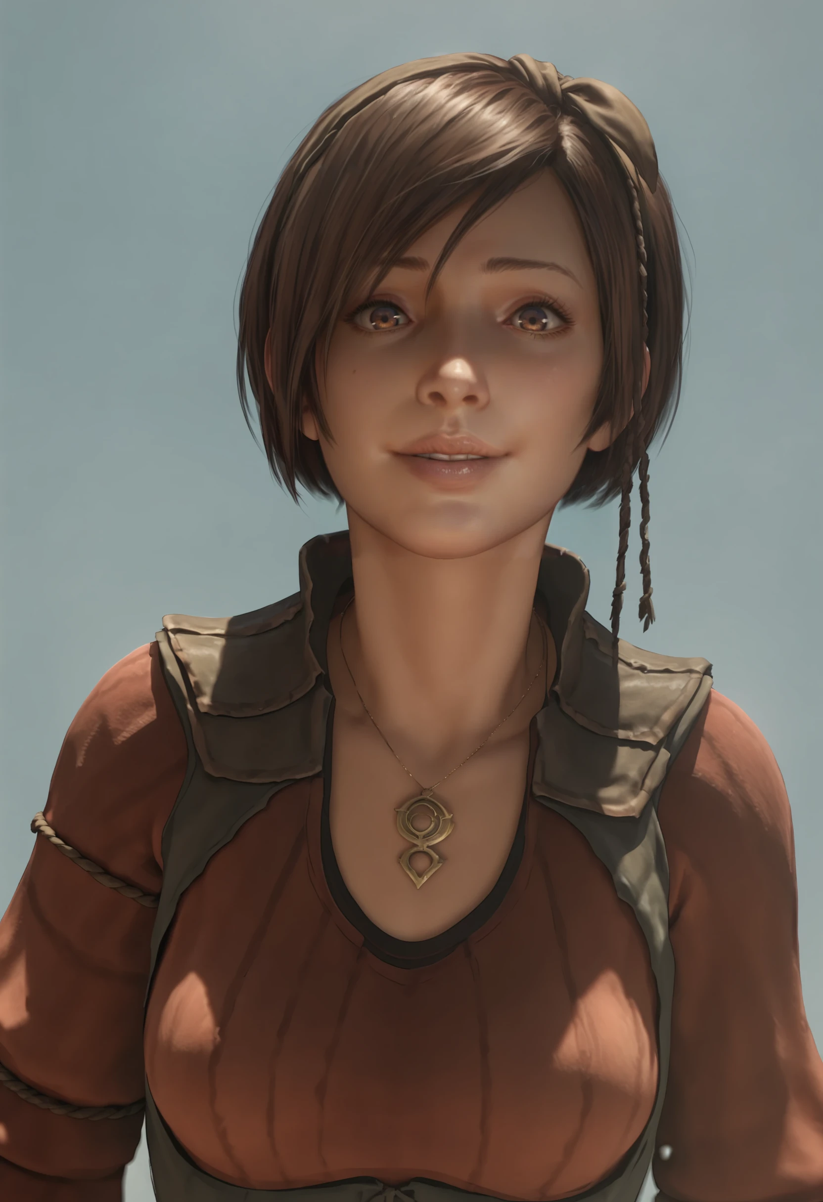 score_9, score_8_up, score_7_up, score_6_up, score_5_up, score_4_up, 1girl, <lora:LeahD3:0.85>, solo, breasts, brown hair, short hair, lips, brown eyes, shirt, red shirt, necklace, front view, upper body, smile, looking at viewer,
(light blue background), simple background,