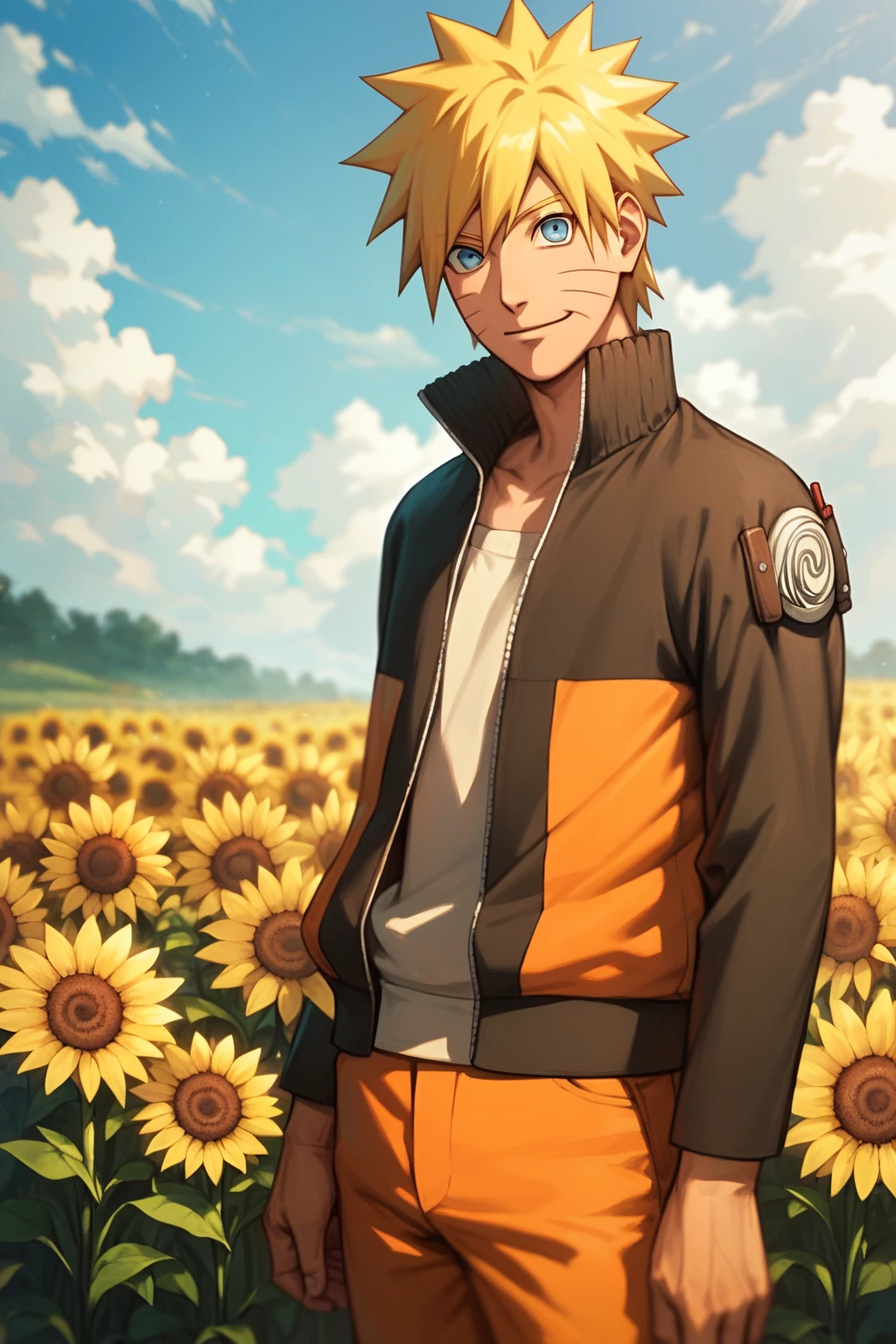 score_9, score_8_up, score_7_up, source_anime, detailed, novel illustration, wallpaper, beautiful details, naruto uzumaki, 1boy, male focus, gentle smile, looking at viewer, blonde hair, short hair, spiked hair, whisker markings, blue eyes, jacket, open jacket, orange pants, standing, field, nature, tree, sunflowers,