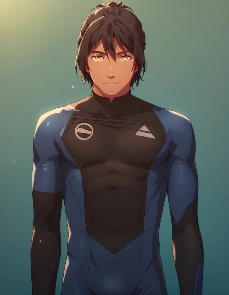 score_9, score_8_up, score_7_up, score_6_up, score_5_up, score_4_up, 2d_anime, rating_questionable, simple background,
1boy, solo, mature male, bodysuit, wetsuit, nalu tanaka <lora:Nalu_Tanaka_Pony_Rev1:0.8> tan, yellow eyes, black hair, ponytail, light smile, facing viewer, looking at viewer, arms at sides, standing,