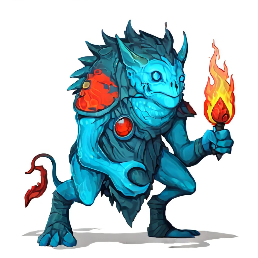 soldier, colored sclera, wheels, large lions mane, blue skin, Conceptcharacterstyle cartoon demon with a burning flame in his hand, blue fire, Conceptcharacterstyle fish creature, navel, armored boots, Conceptcharacterstyle the Grim Reaper, transparent head, tail rhino, animal focus, weapon over shoulder, quiver, knife, red skin, pouch, frog toad, ropes, blue eyes