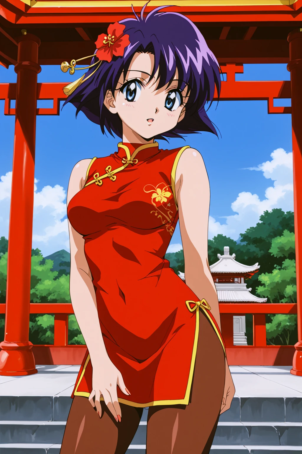 1girl, solo, short hair, blue eyes, jewelry, blue hair, purple hair, choker, cowboy shot, retro art style, 1990s \(style\), Araizumi Rui, long red Chinese dress, brown tights, standing, Chinese temple in the background, red flower in hair, hairpin, red fan in hand,
