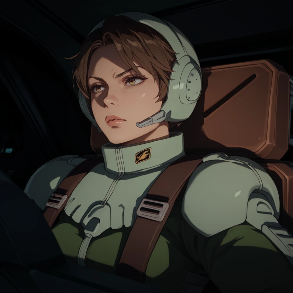 score_9, score_8_up, score_8, solo, adult, <lora:Zeon_Pilot_Mobile_Suit_Gundam_Pony_SDXL:1>, zeon pilot, green flight suit, 1 woman, cockpit view, brown hair