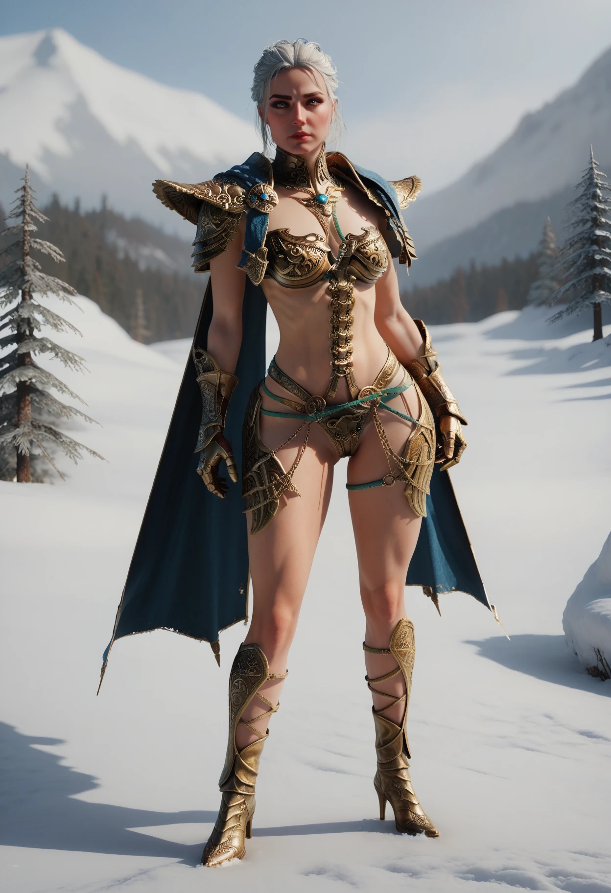 score_9, score_8_up, score_7_up,
1girl, solo, the elder scrolls v: skyrim, snow,
 <lora:Dark_BifrostArmor_Pony_v1:0.7> d4rkb1fr0st, bikini armor, cape, gauntlets, high heel boots,