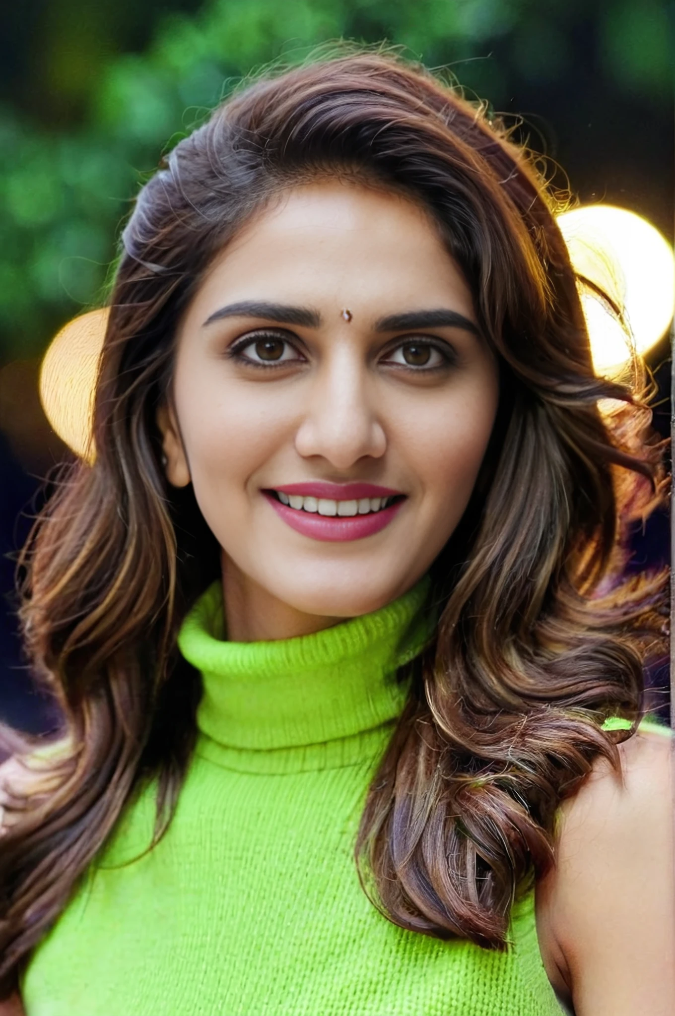 portrait photo of vaani kapoor woman, solo, curls hair cut, smile, looking at the camera,  Lime Green sleeveless turtleneck, night time, contrasting background bokeh,  <lora:Vaani_Kapoor_SDXL_LoRA_prodigy_local_xformers_HNE:1>