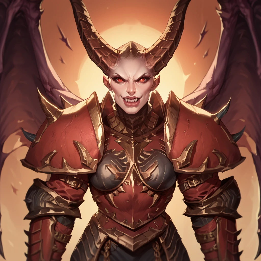 score_9, score_8_up, score_7_up, score_6_up, afrobullstyle,
Valkia, mature woman, muscular woman, biceps, horns, demon wings, red eyes, armor, slit pupils, pointed teeth,
 <lora:AfrobullPDXLresize:1>
<lora:Valkia_the_Bloody_PonyXL_Total_War_Warhammer:1>