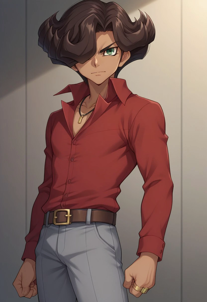 score_9, score_8_up, score_7_up, source_anime, highly detailed, 
alito, solo, 1boy, male focus, shirt, belt, hair over one eye, red shirt, green eyes,
pants, grey pants, dark skin, closed mouth, looking at viewer, clenched hand,
dark-skinned male, jewelry, long sleeves, collared shirt, necklace, clenched hands, ring, standing, buttons, belt buckle, buckle, brown hair,