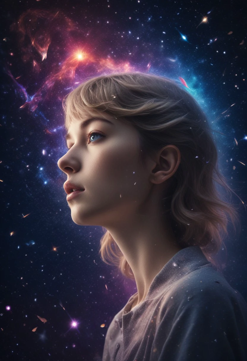 very dramatic lighting, behind is a universe of love. hearts, rainbows. contrasting colors, epic, fantastical, shine, toning, stars, galaxy,  epic movie poster image. Lovely girl.