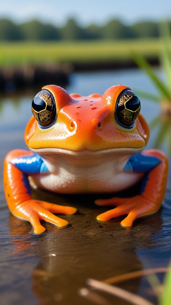 (b3yond_DolbyVision_vibrant_summer_shot_style1_masterpiece:1.4) | Toad's face close-up with warty skin and alert eyes against a wetland backdrop