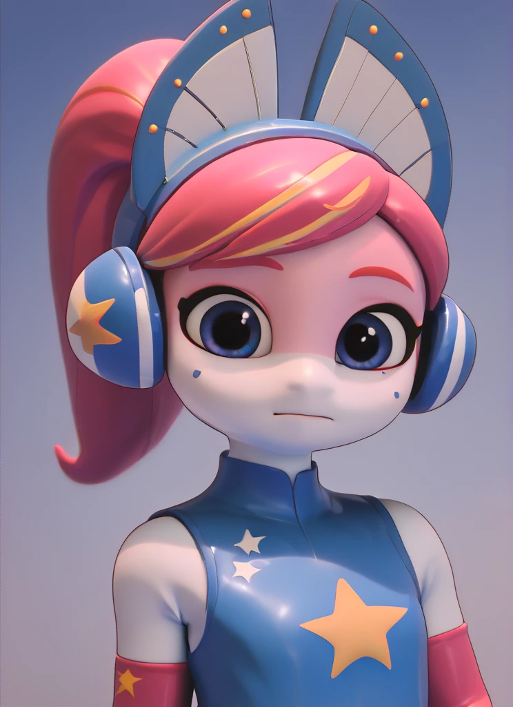 score_9, score_8_up, score_7_up,   <lora:aione:1.0>aione  ,1 girl ,white skin ,red animal ears , mole under eye,  pink hair, blue headphones, ponytail,   blue bodysuit,star print , sleeveless,  blue shorts  ,elbow gloves , looking at viewer,