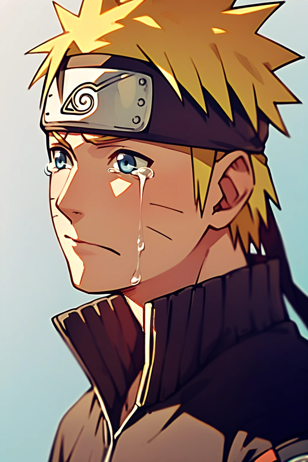 score_9, score_8_up, score_7_up, source_anime, detailed, novel illustration, wallpaper, beautiful details, naruto uzumaki, 1boy, male focus, sad, tears, blonde hair, forhead protector, konohagakure symbol, whisker markings, blue eyes, jacket, portrait, looking away, simple bcakground,