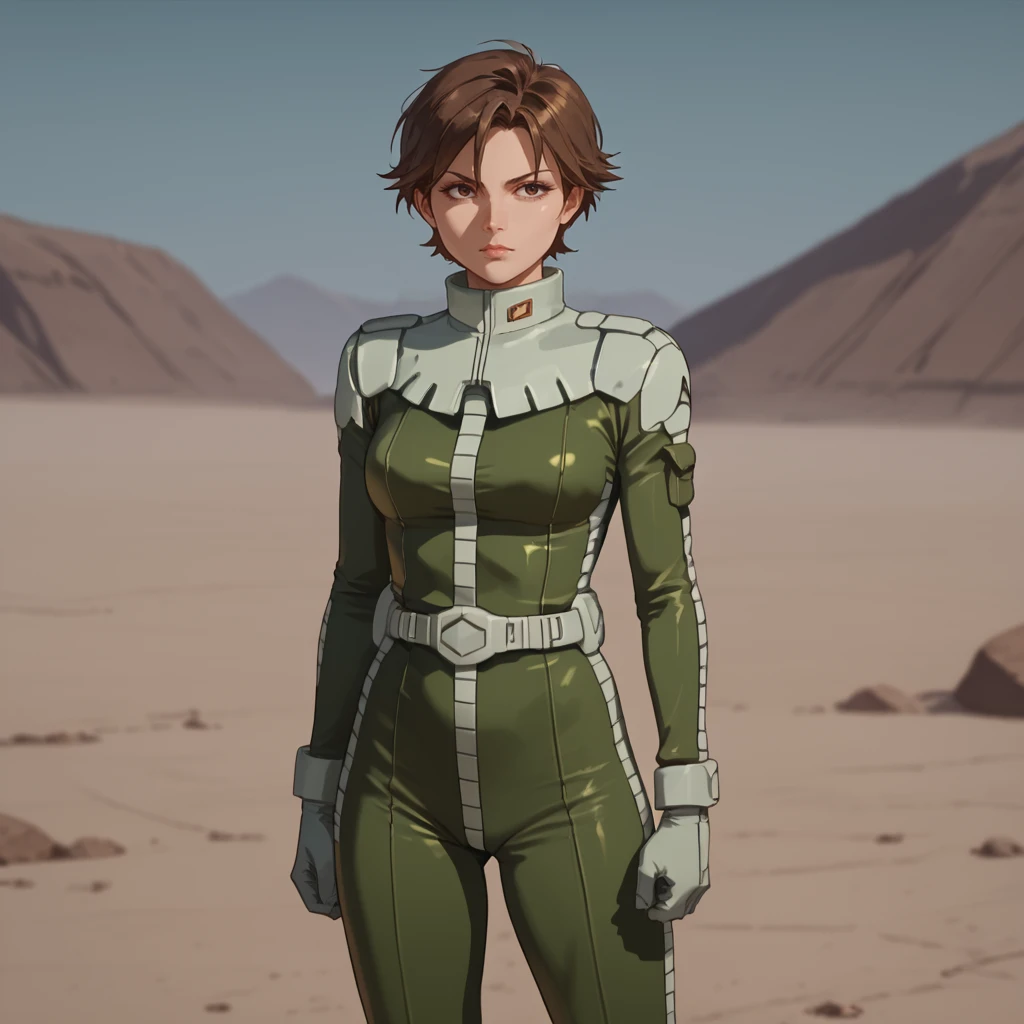 score_9, score_8_up, score_8, solo, adult, <lora:Zeon_Pilot_Mobile_Suit_Gundam_Pony_SDXL:1>, zeon pilot, green flight suit, 1 woman, standing, brown hair