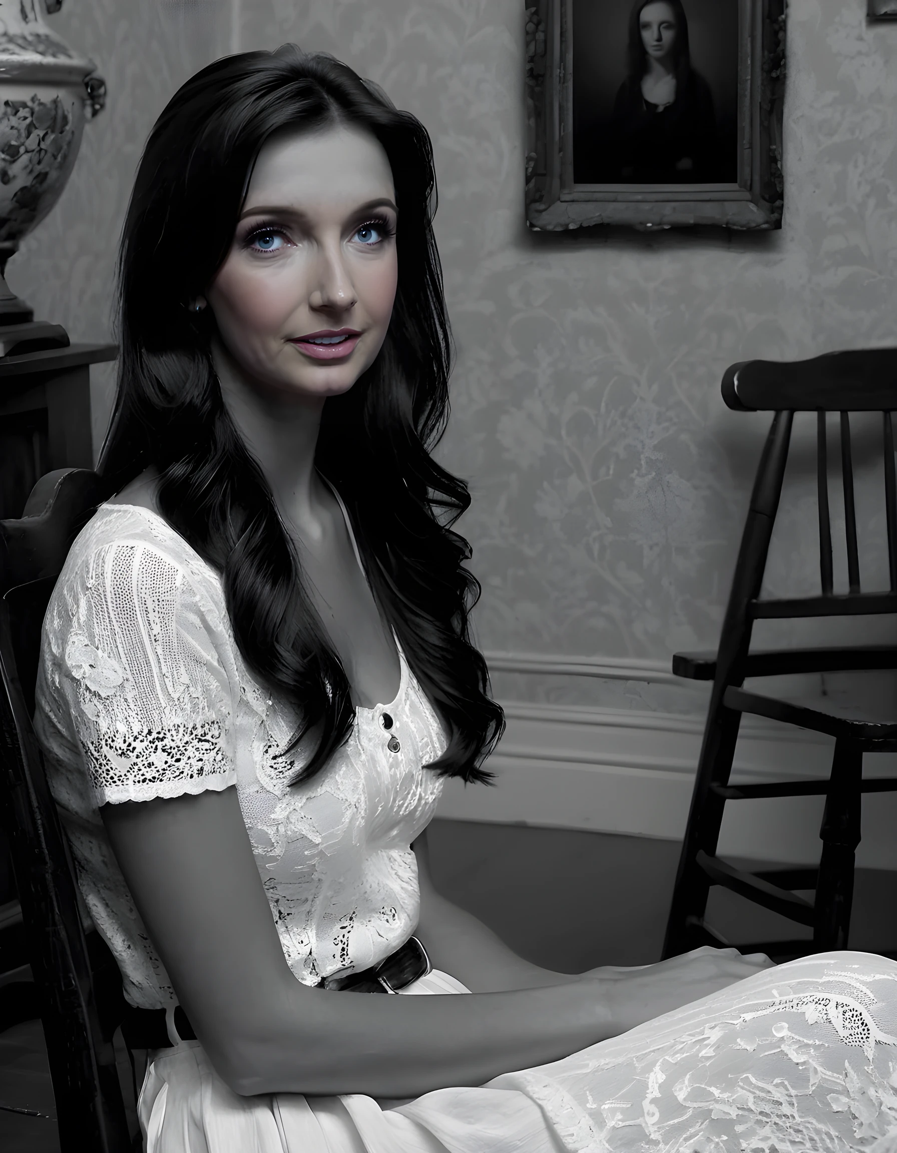 In a poignant and evocative black-and-white photograph, the camera captures a striking close-up of Melanie Marie, her expressive eyes softened by a demure closed-mouth expression, as she sits elegantly on an antique wooden chair, her long, raven-black hair cascading down her shoulders. She is dressed in a chic ensemble that juxtaposes casual and formal elements: jeans and sneakers, yet she pairs them with a pristine white skirt and a simple black t-shirt adorned with a delicate floral pattern. The dimly lit room, filled with the soft glow of a single lamp casting shadows across her face, creates an intimate and introspective atmosphere, as if capturing a fleeting moment of quiet contemplation in an otherwise mundane setting.