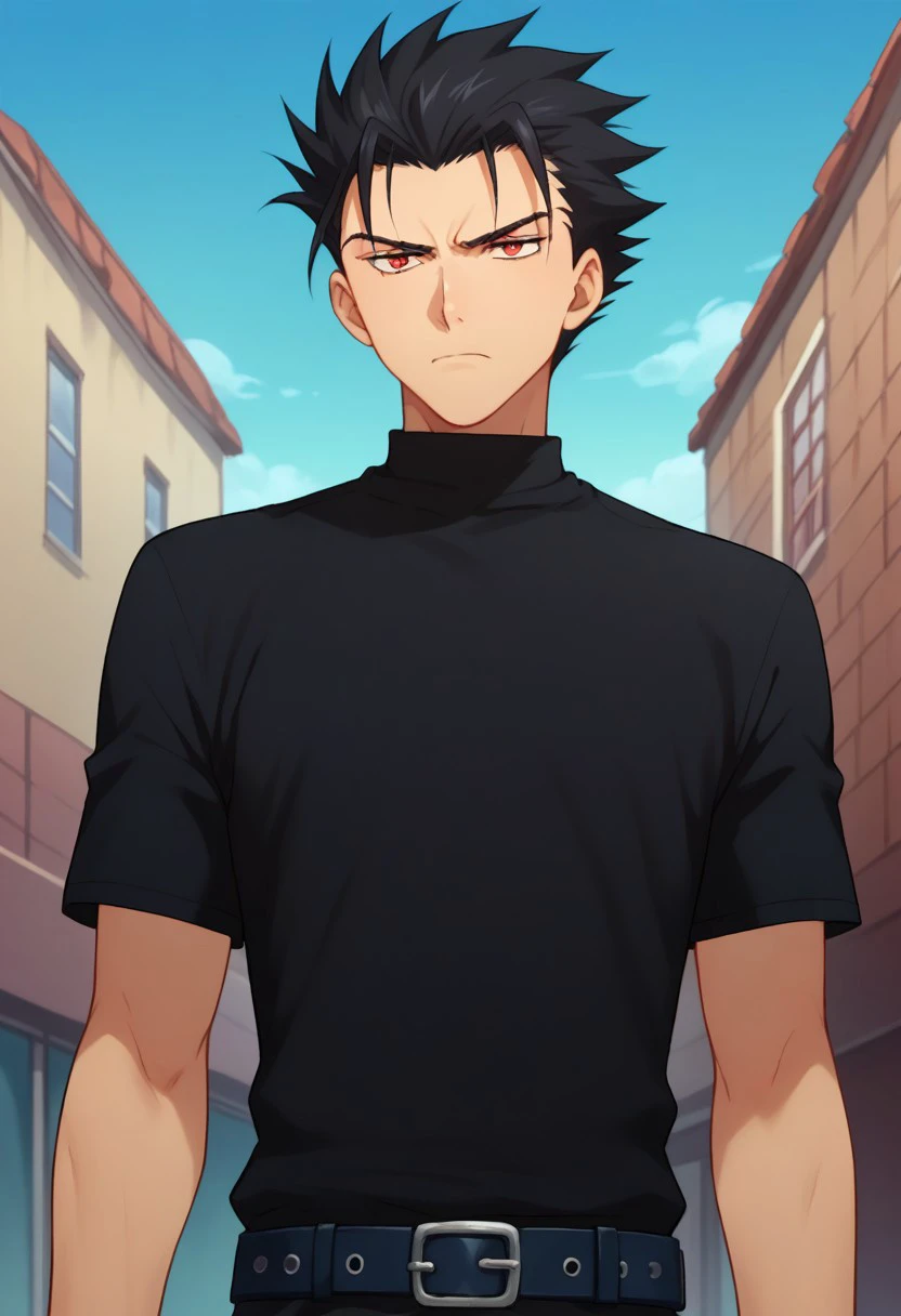 score_9, score_8_up, score_7_up, source_anime, highly detailed, 
kurogane, 1boy, male focus, solo, closed mouth, black hair, spiked hair, red eyes, 
shirt, black shirt, short sleeves, belt, upper body, frown, slender
outdoor, sky, building