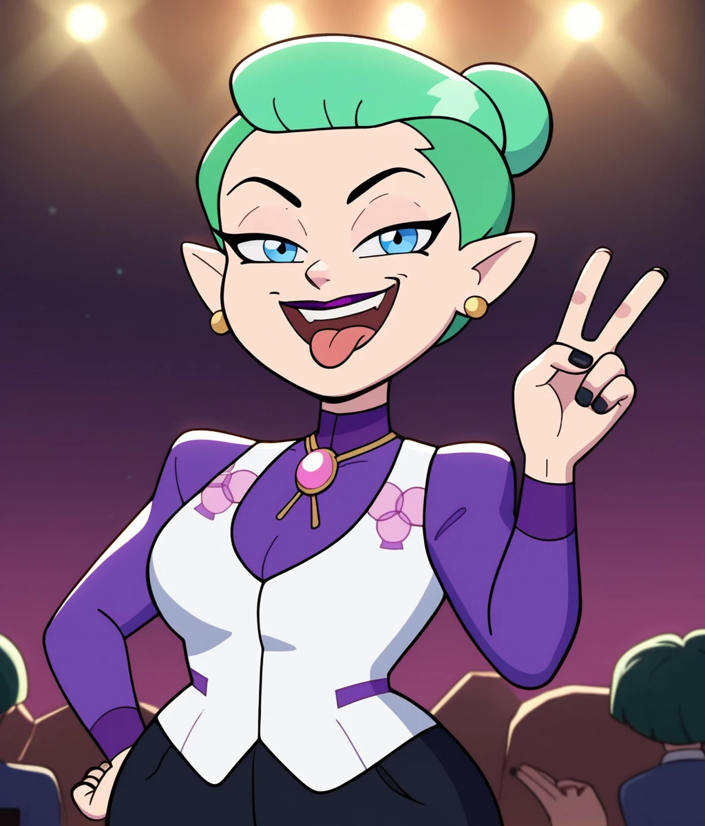 <lora:Odalia_Blight:0.6>, short hair, blue eyes, jewelry, upper body, earrings, mint green hair, pointy ears, hair bun, makeup, lipstick, stud earrings, bolo tie, white vest, purple shirt, gold earrings, purple lipstick, single hair bun, black pants, wide hips, 1girl, looking at viewer, smile, smug, peace sign, standing pose, wide hips, thick thighs, curvy, rock concert, night, black nails, open mouth, (tongue out), tongue, score_9, score_8_up, score_7_up, cute,