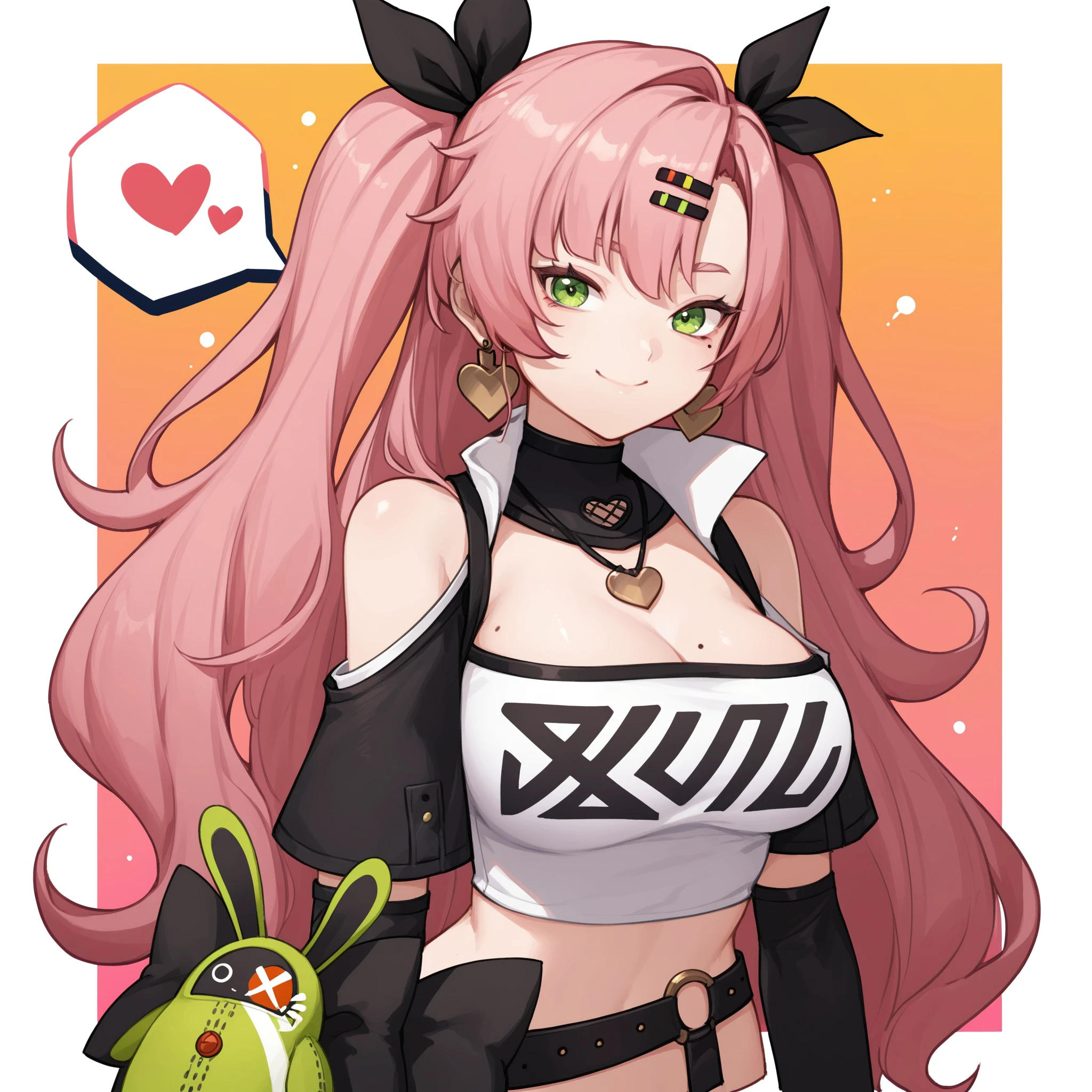 score_9, score_8_up, score_7_up, 1girl, Demara, solo, long hair, breasts, looking at viewer, smile, bangs, large breasts, hair ornament, long sleeves, ribbon, cleavage, bare shoulders, jewelry, very long hair, green eyes, hair ribbon, upper body, pink hair, heart, earrings, hairclip, midriff, mole, two side up, crop top, mole under eye, strapless, black ribbon, spoken heart, mole on breast, tube top, shoulder cutout, <lora:a30d0223-6260-438d-8e4c-e8d23e0014be:0.7>