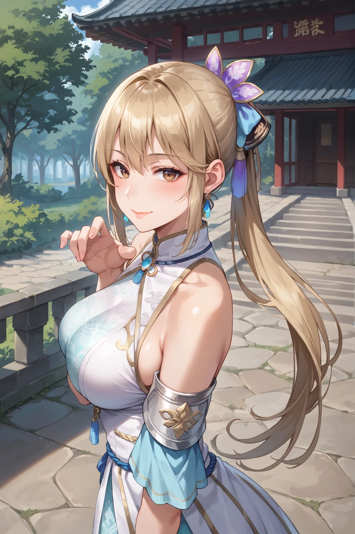 score_9, score_8_up, score_7_up, source_anime, highly detailed, <lora:Wang_Yuanji_Dynasty_Warriors:0.8> solo, 1girl, mature, blonde hair, long hair, tied hair, big breast, dress, hair ornament, earrings, brown eyes, east asian architecture, vibrant color, blush, warm smile, ready pose, photography, depth of field, looking at viewer