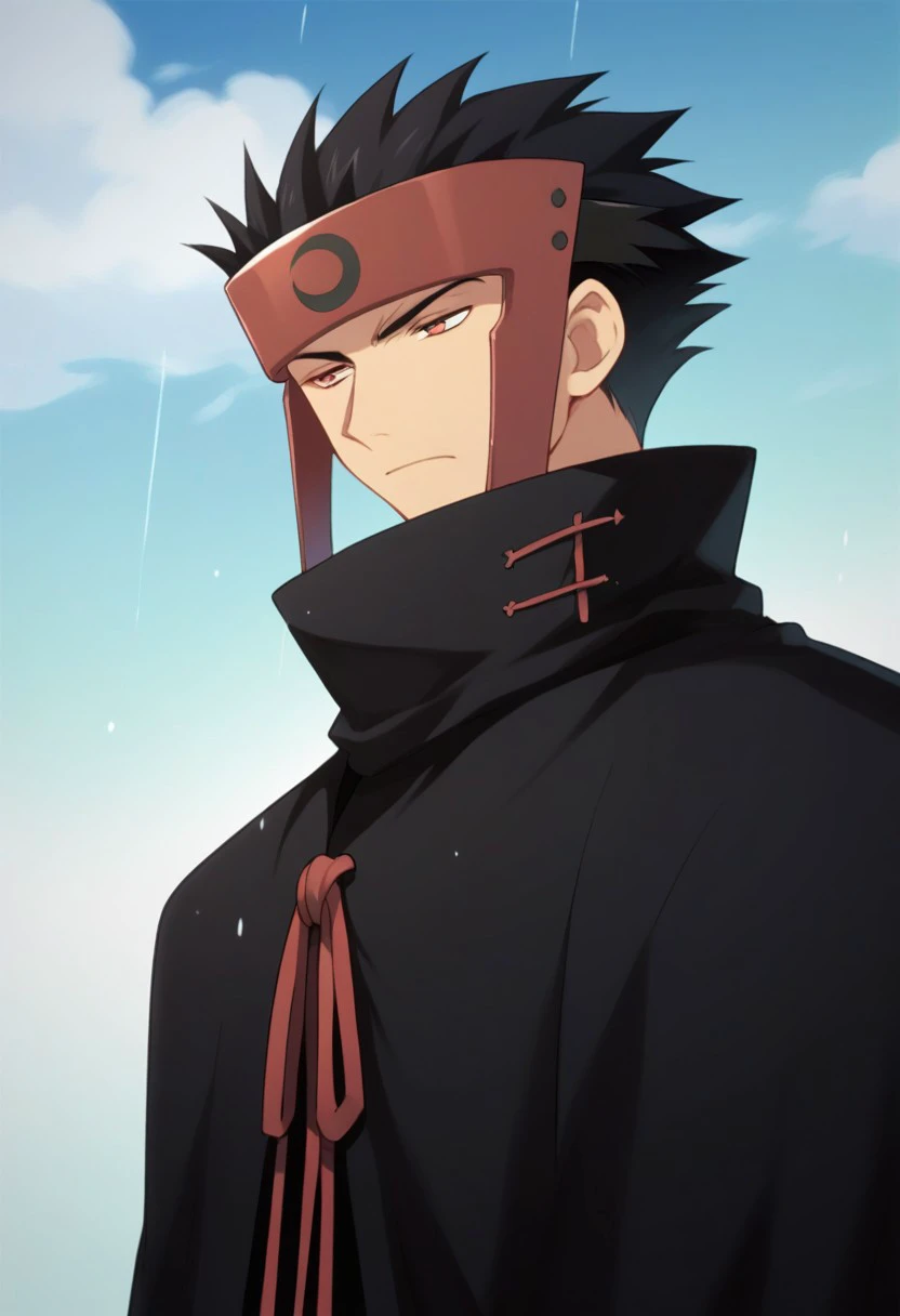 score_9, score_8_up, score_7_up, source_anime, highly detailed, 
kurogane, 1boy, male focus, solo, forehead protector, headband, sky, closed mouth, black hair, cloud, cloudy sky, upper body, outdoors, spiked hair, high collar,
black cloak, red eyes, rain,