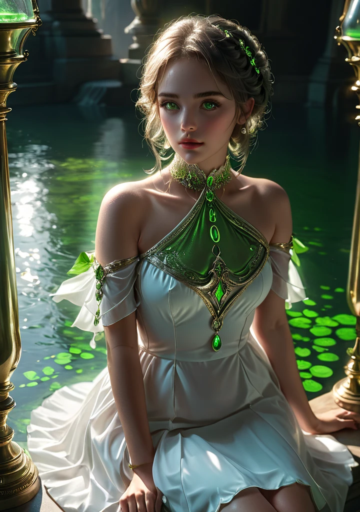 dramatic light,fluorescent river,mooon <lora:Nahida-real:0.8>,Nahida,sit,green jewelry ,green eyes,white and green dress,short dress,detailed face, detailed eyes, detailed lips, beautiful woman, hourglass figure, natural lighting, high quality, hyperrealistic, 8k, cinematic, dramatic lighting, chiaroscuro, neoclassical, oil painting,