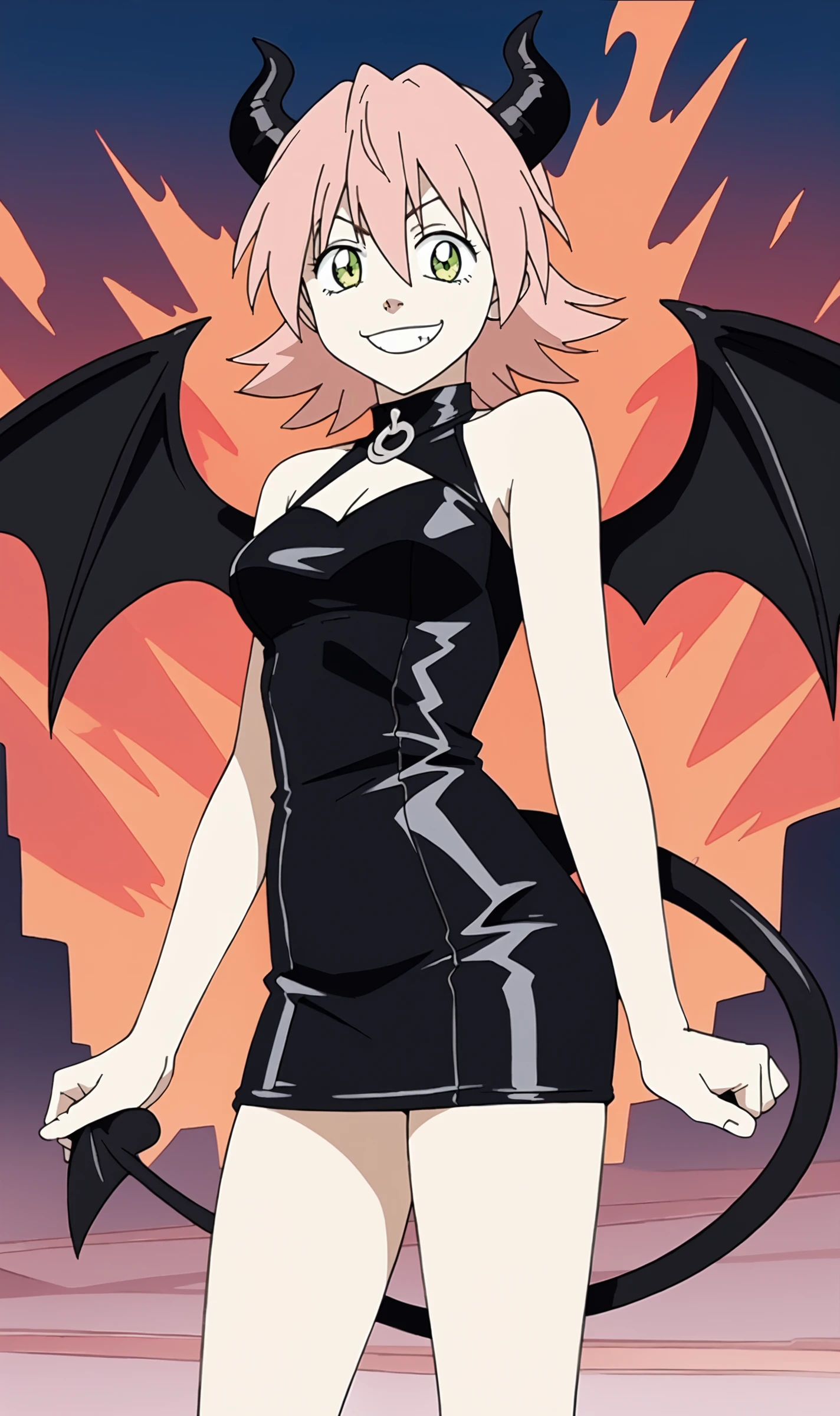 HH, 1girl, solo, retro artstyle, pink hair, green eyes, leather dress, devil wings, devil tail, devil horns, fire background, smile, <lora:Haruko Haruhara Pony XL:0.8>