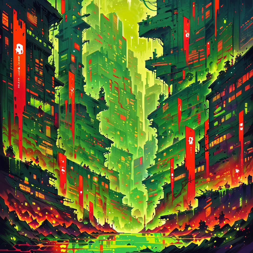 masterpiece,high resolution.
,alienworld, 
city,scenery,red and green theme,
, <lora:Alien_World-xl-8:0.6>,