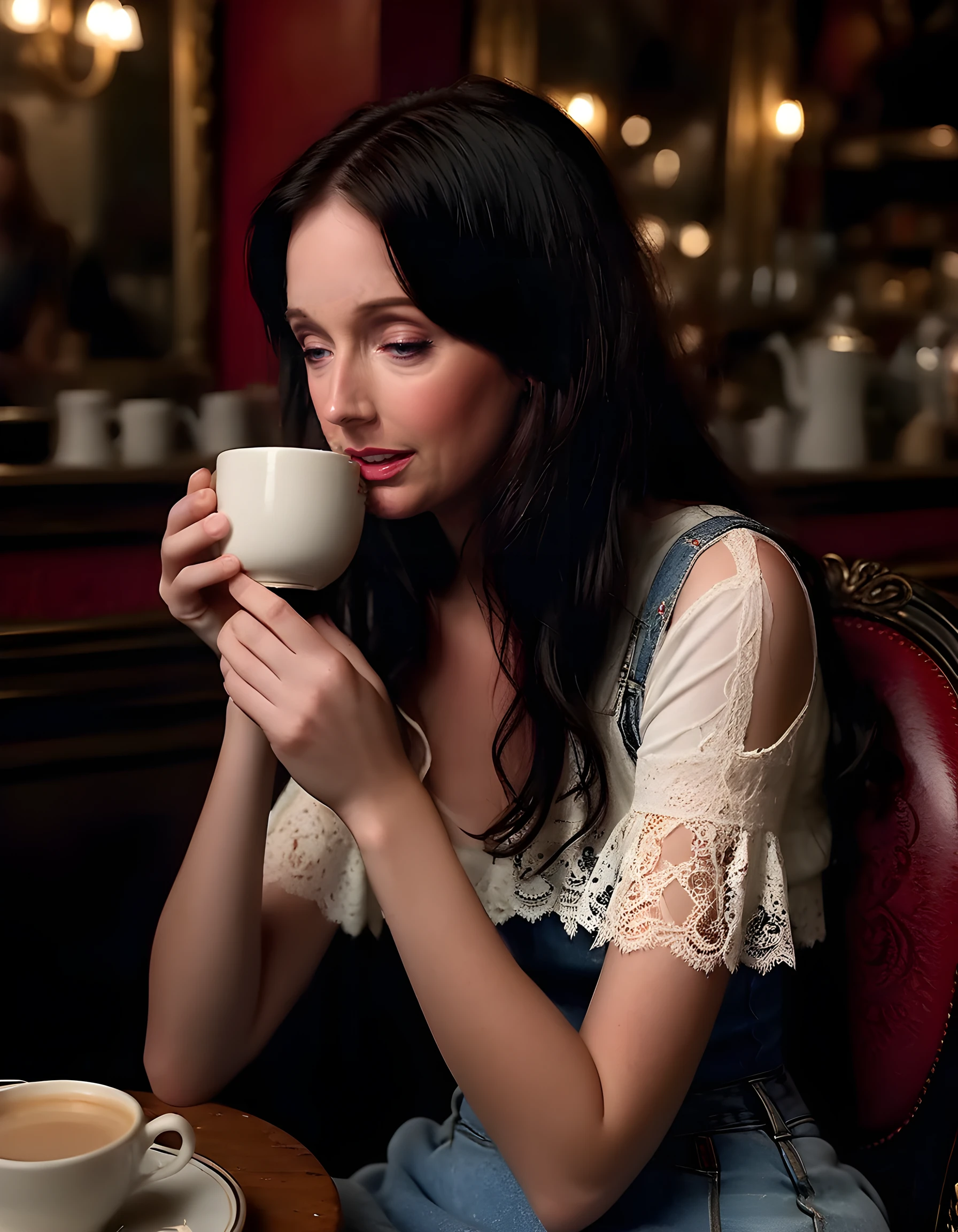 In a dimly lit, bohemian Parisian café at twilight, Melanie Marie, with her raven-black hair cascading down her shoulders and framing her oval face, is seated on a vintage, red velvet chair with gold filigree. She wears a white lace skirt that billows gently around her knees, revealing a pair of faded blue denim jeans adorned with intricate embroidery. Her hands rest delicately on the table, clad in black fingerless gloves, while her eyes are closed, lost in thought, as she sips her café au lait from an oversized ceramic cup, the warm amber liquid casting a soft glow upon her pale, freckled skin and the delicate features of her face, captured by a photographer's lens at an intimate angle that emphasizes both the intimacy and the mystery of the moment.